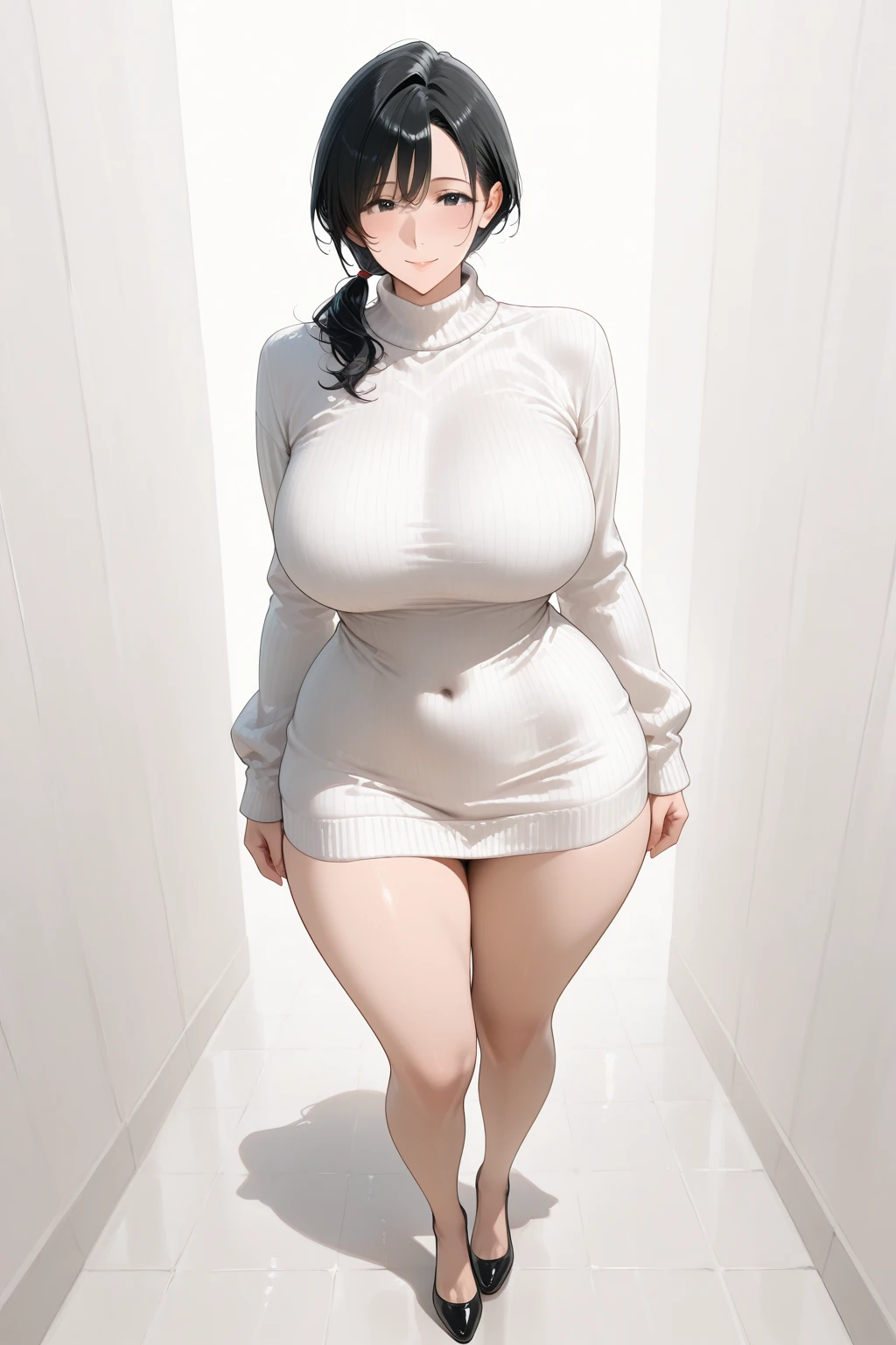 very tall woman with curves standing, stoic facial expression, beauty, (((shoulder-length))) (curly) dun hair, naked, nude