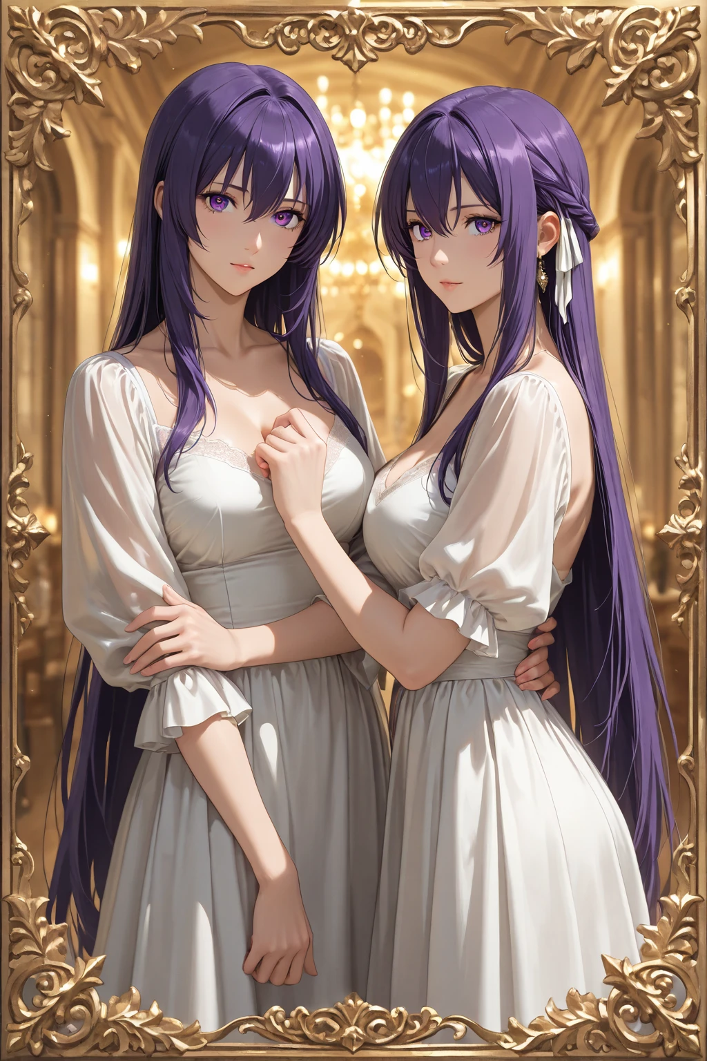 The upper part of the body、女の子1人、Silvery hair、Bun hair、mansion、Purple Eye、weddingdress、off shoulders、Very large breasts、Chest、holding flower bouquet、Japan anime-style odd eye spell,