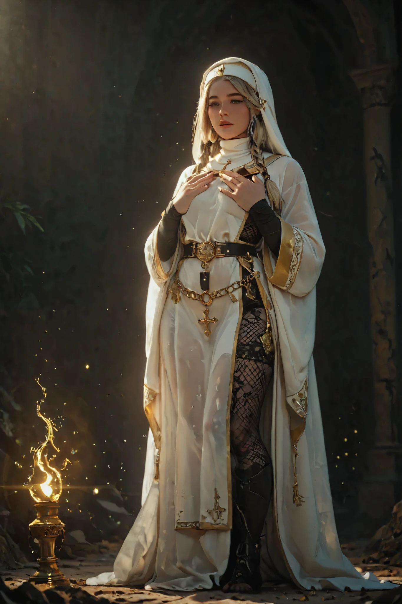 A character reference concept art in a realistic mature anime belnd  with subtle 3d cel shading, studio lighting sharp glowing highlights , strong rim light, dramatic backlight soft defused frontal light and strong light glow from below casting sharp shadows creation a strong contrast effect, strong rim light  in a frontale view full body shot standing in A-pose with simple background. The character is a female human priestess, with thick curvy body shape mature and busty alluring figure, 170 cm, perfect beautiful face features, thin snob nose, thick kissable parted lips, long blond hair with 90s vintage hairstyle, hair bangs, side braids,  hair tubes, hair under white nun scarf, green eyes expressing shyness humbleness and happiness, thick blond eyelashes and eyebrows, wearing white sheer see through robe with golden ornements over a black fishnet bodysuit, golden accessoires, sandales, holding both hands over chest in a prayers pose, a (black holy book) attached to her waist with a chain belt , golden holy volumetric aura particules 