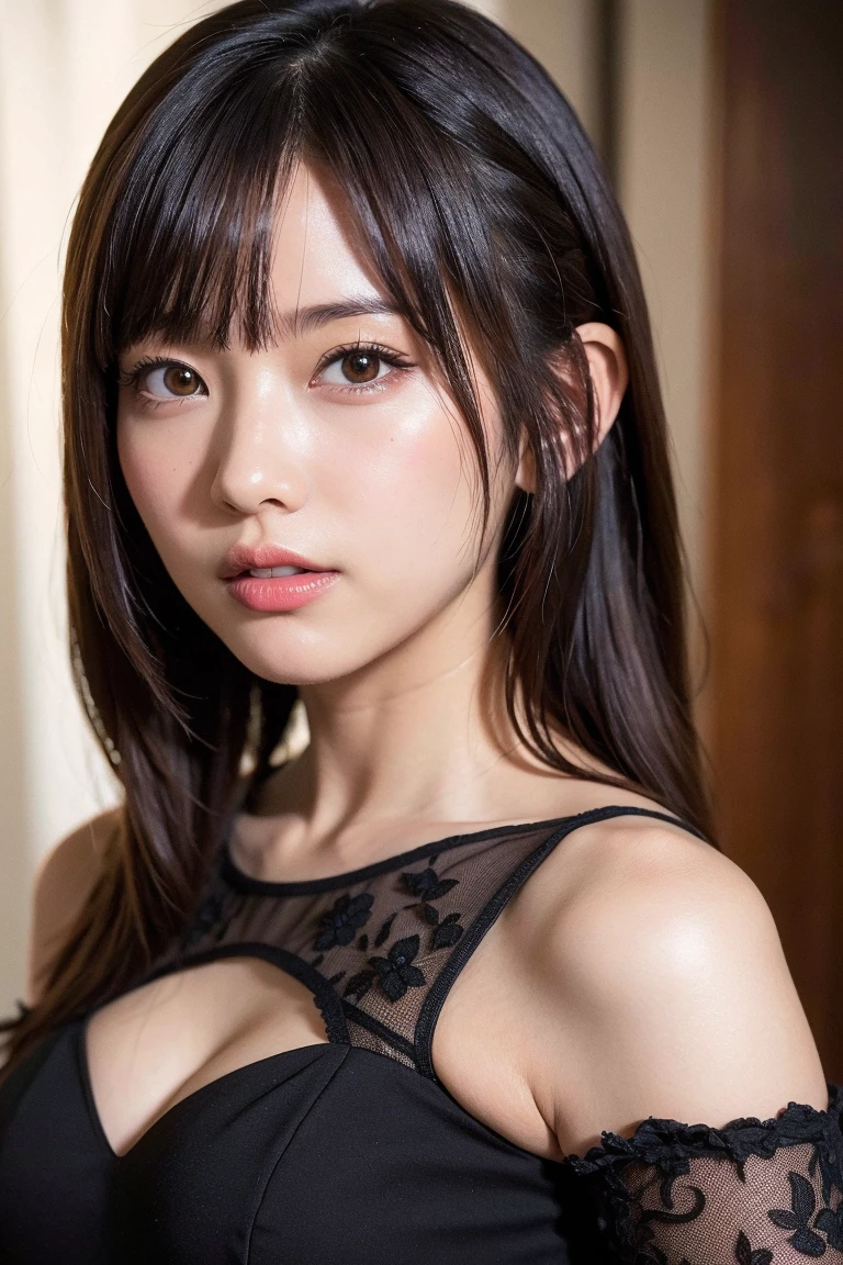 (8K、Raw photo、highest quality、)、(real、フォトreal:1.37)、ultra high resolution、1 girl、 (14 year old girl、small face、Extremely beautiful face, natural makeup)(fair skin)(sparkling eyes)(Idol:1.4)、bright face、beautiful armpits、Glossy skin、round beautiful breasts、beautiful cleavage、thin waist、big ass、slim thighs、sexual smile、Glossy texture、Bedroom、Bed、black knit tight dress、Extremely mini length、Deep notch、sexy、fur coat、short boots、sleep:1.1、sexyなポーズ(((Medium full shot from above)))Exciting and sensual、inviting pose