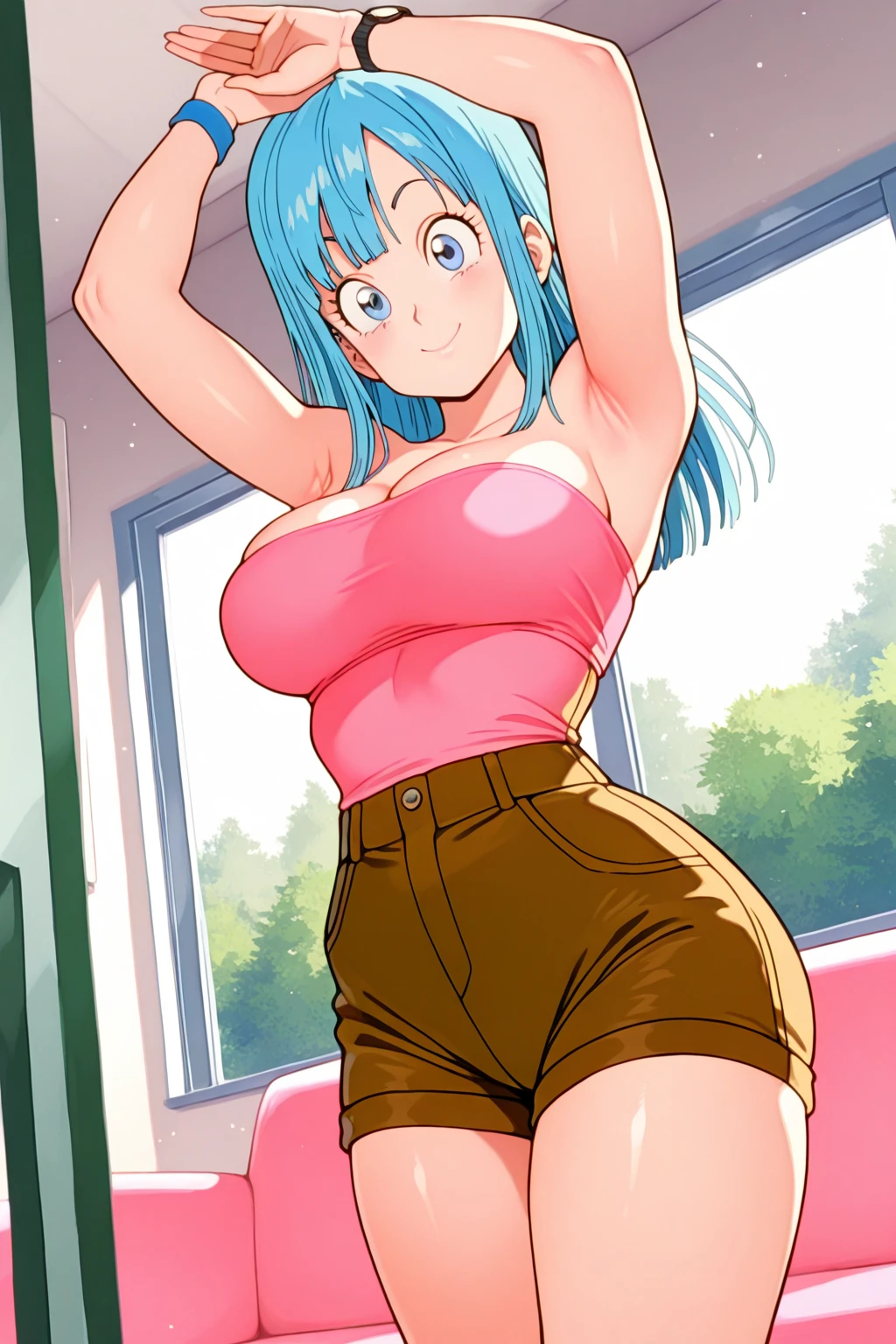A beautiful girl tenderness happy beautiful big breast light turquoise hair round cut her blue eye wears white top yellow lace thread shows navel and her navy blue Hawaiian skirt flip flops feet