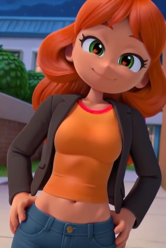Sunsethuman, Sunset shimmer of my little pony, Sunset shimmer in the form of a girl, big breasts, lush breasts, voluminous breasts, firm breasts, sweat, wet with sweat, hair long, shin, heels, feet, five fingers, detailed hands, 4k, high resolution, best quality, masterpiece, best quality, fair skin, adult, black jacket, city, rides a motorcycle, white t-shirt, motorcycle, riding a motorcycle