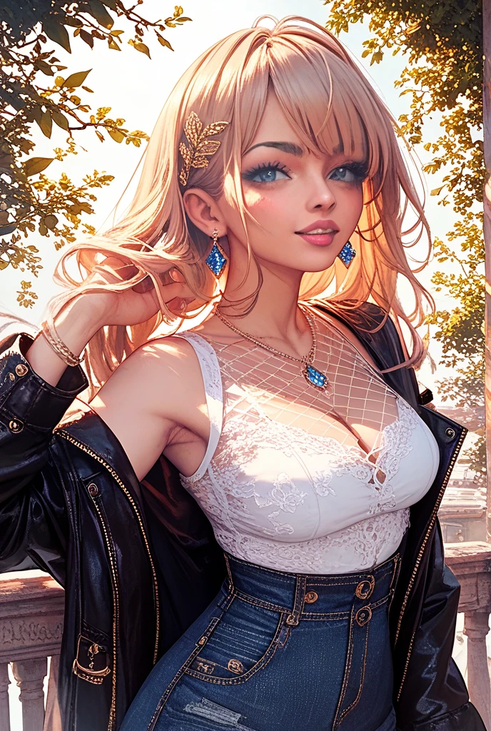 (masterpiece:1.2), (best quality), (ultra detailed), (8k,4k),(half body:1.2),(cowboy:1.2),(highly detailed:1.2),(detailed face:1.2), (detailed background),(portrait),detailed landscape,(dynamic pose:1.2),(perfect lightingbest quality),<lora:more_details:0.5>, <lora:mai:0.7>mai 1girl, solo, long hair, breasts, blonde hair, cleavage, jewelry, purple eyes, collarbone, jacket, upper body, earrings, makeup, lipstick, retro artstyle, purple jacket