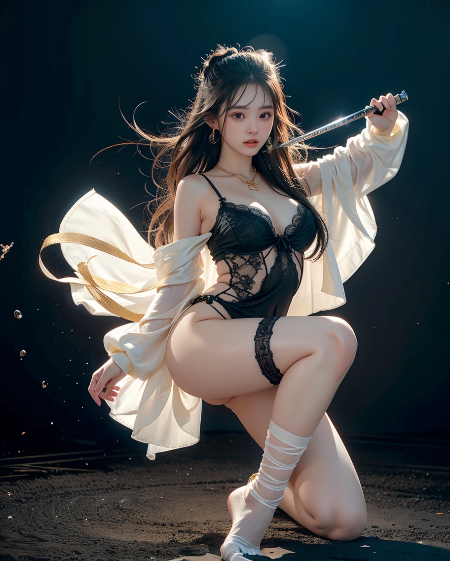 The creation of a vivid girl wearing a semi-transparent tulle body oil painting, garter, garter, female agent leg ring, garter hanging miniature pistol, soaring and spinning, holding AK47 aiming and shooting, inspired by actor Liu Yifei + Hu Huizhong, the background inspiration is from the Dunhuang flying mural