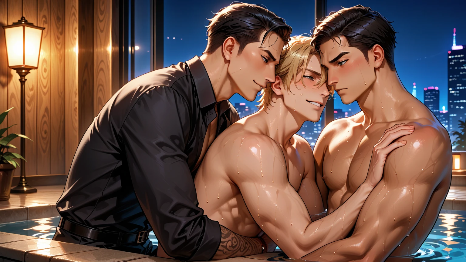 best quality, masterpiece, mature roman emperor with medium length golden middle parting hair, bronzed skin, wearing sheer white toga, having group sex with muscular gladiators, orgy, kissing, anal sex, oral sex, cumshot, explosive cum, dripping cum, looking at each other lovingly, in lavish roman courtyard, romantic atmosphere, sexy, gay, homoerotic, best view, , ambient lighting, extremely dramatic shadows, perfection, no watermark, no logo, no signature