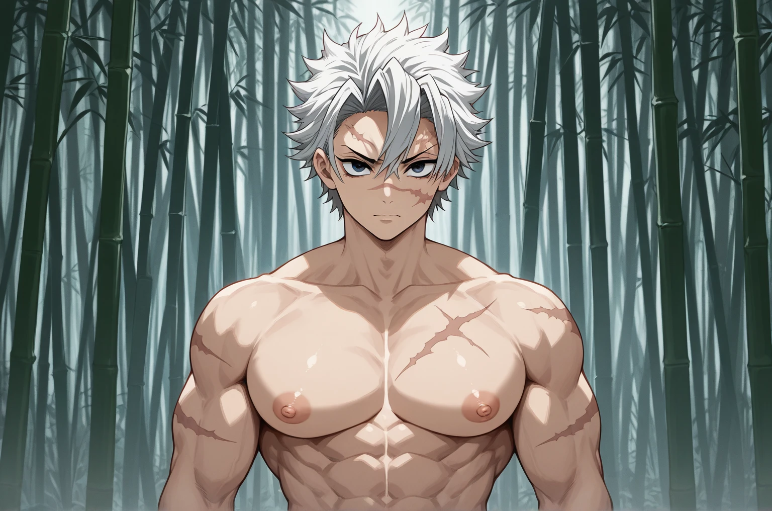 masterpiece, highres, 1boy, upperbody, senkuR4, solo, red eyes, green hair, multicolored hair, bandage arm, forest <lora:SenkuR4:0.7>, face mark