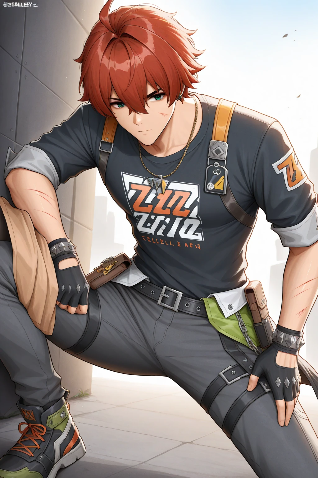 <lora:ElswordHimself>,  elsword_c, 1boy, solo, red hair, red eyes, midriff, belt, pants, fingerless gloves, necklace, crop top, tattoo, (backlit, silhouette:1.2), from below, angry, <lora:concept_fistinhand-10>, fist in hand