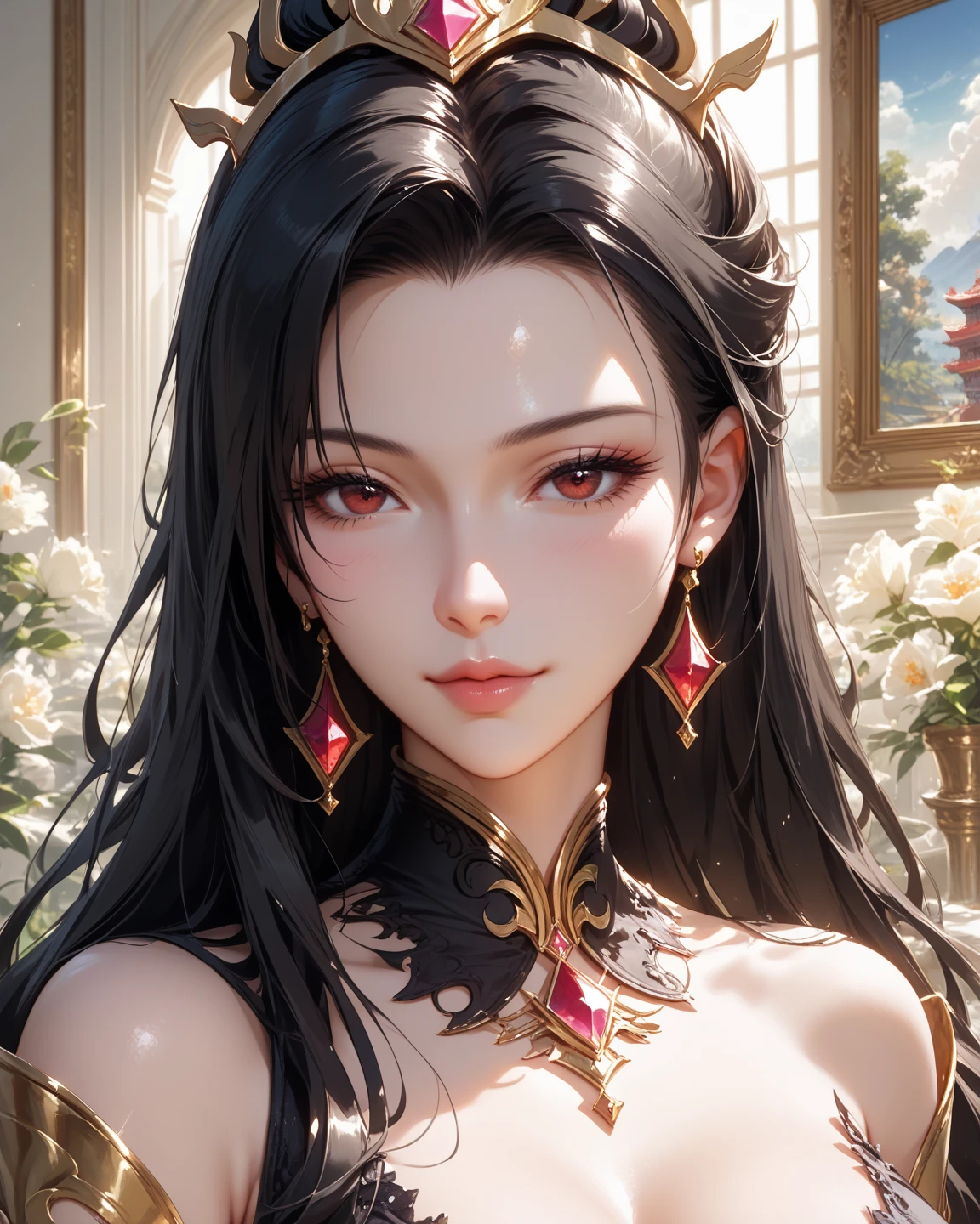 1 very beautiful medusha queen in hanfu, thin red silk shirt with many yellow motifs, black lace top, crown on her head, long hair dyed black, beautiful hair jewelry, pretty and cute face, perfect face, earring jewelry, antique jewelry, big red eyes, sharp eye makeup, meticulous eyelash makeup, thin eyebrows, high nose, pretty red lips, no smile, pursed lips, rosy cheeks, large breasts, big breasts, well-proportioned breasts, slim waist, red mesh stockings with black border, Chinese hanfu style, fictional art patterns, vivid and realistic colors, RAW photos, actual photos, ultra high quality 8k surreal photo, cool photo, (virtual light effect: 1.8), 10x pixel, effect magic (background): 1.8), super detailed eyes, beautiful girl portrait, alone girl, ancient hanfu background, looking directly at the audience, wide original photo, 8k quality, super sharp, the most detailed and clear picture, detailed light background,