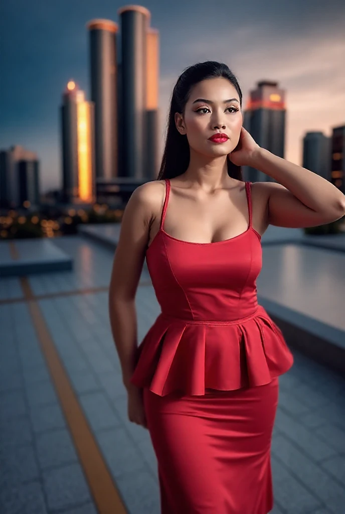 Masterpiece, (((full-shot))), ((1 girl solo)), (one beautiful (Indonesian:0.8)-(Spanish:0.2) girl (looking at camera)), [Risyana Devita], 20 years old, breathtaking beauty, natural beauty, perfect and delicate face, beautiful brown eyes, detailed eyes, soft lips, (long dark-black hair:1.5), (tall figure:1.5), (athletic body), (small breasts:0.5), cleavage, small and beautiful hard nipple, pearl skin, (skin pores:0.7), extremely detailed face and skin texture, (skin texture:1.1), beautiful long legs, seductively walking pose, walking on the street, (wearing a sexy (Red sports-dress)), extremely detailed and realistic red clothes, sharp focus, 8k uhd, best quality, ultra-detailed, realistic, colorful tones, natural lighting, clean lines, vibrant colors, modern art style, high-res, professional-grade, textured finish, contrasting elements, dynamic composition, lifelike texture, precise details, expert craftsmanship, layered colors, dramatic lighting, stunning visuals, exquisite artwork, (depth of field),