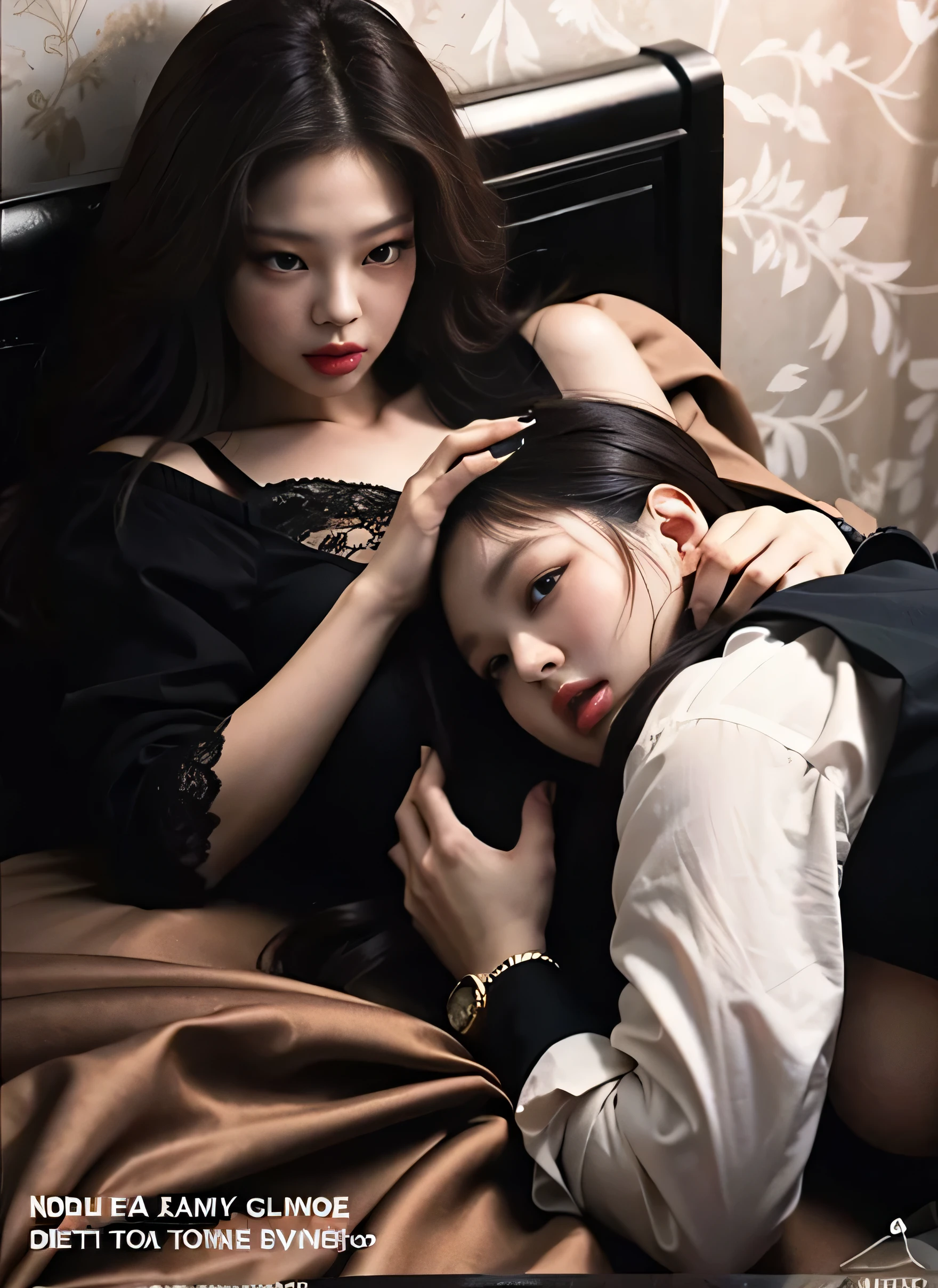 two women in blue dresses laying on a red surface, in style of kar wai wong, wu liu, jingna zhang, in style of nan goldin, promo art, kan liu, ruan jian, promo still, laying on their back, mingchen shen, roberto ferri and ruan jia, ruan jia and fenghua zhong jennie kim, jennie blackpink, twins, jennie 
