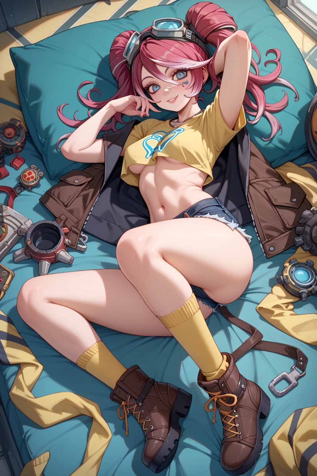 Super Loose unbuttoned super low rise shorts, sexy full body outfit, anime manhwa girl, super mini top, shorts sagging off body