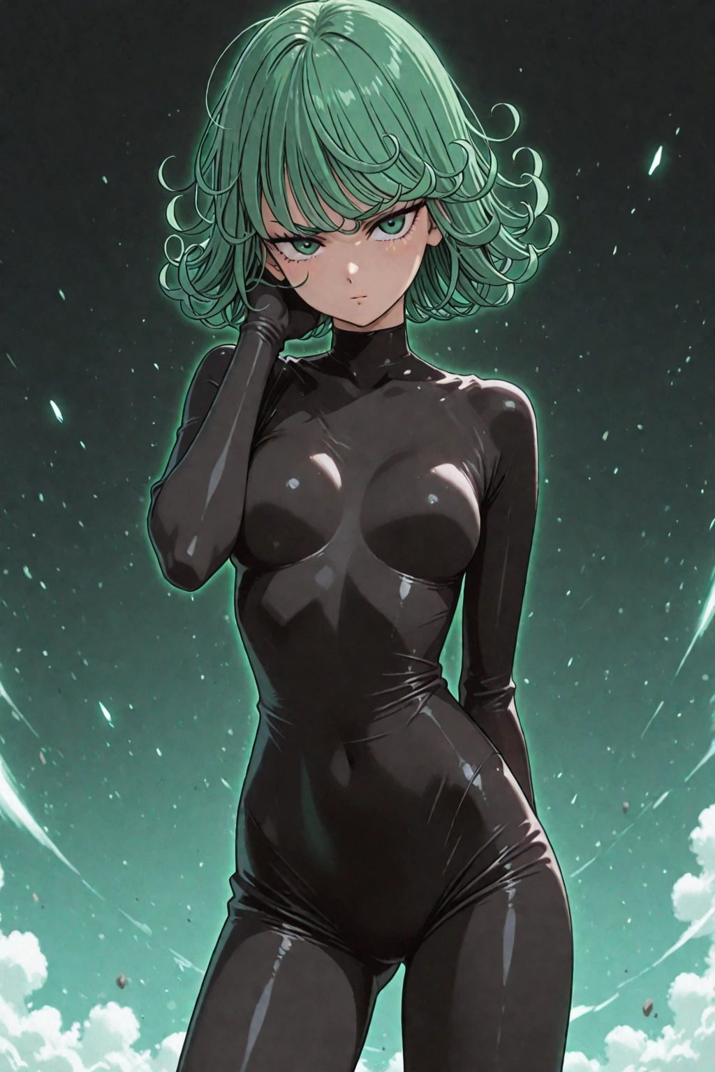 Tatsumaki in a latex black suit,cum everywhere,teasing 