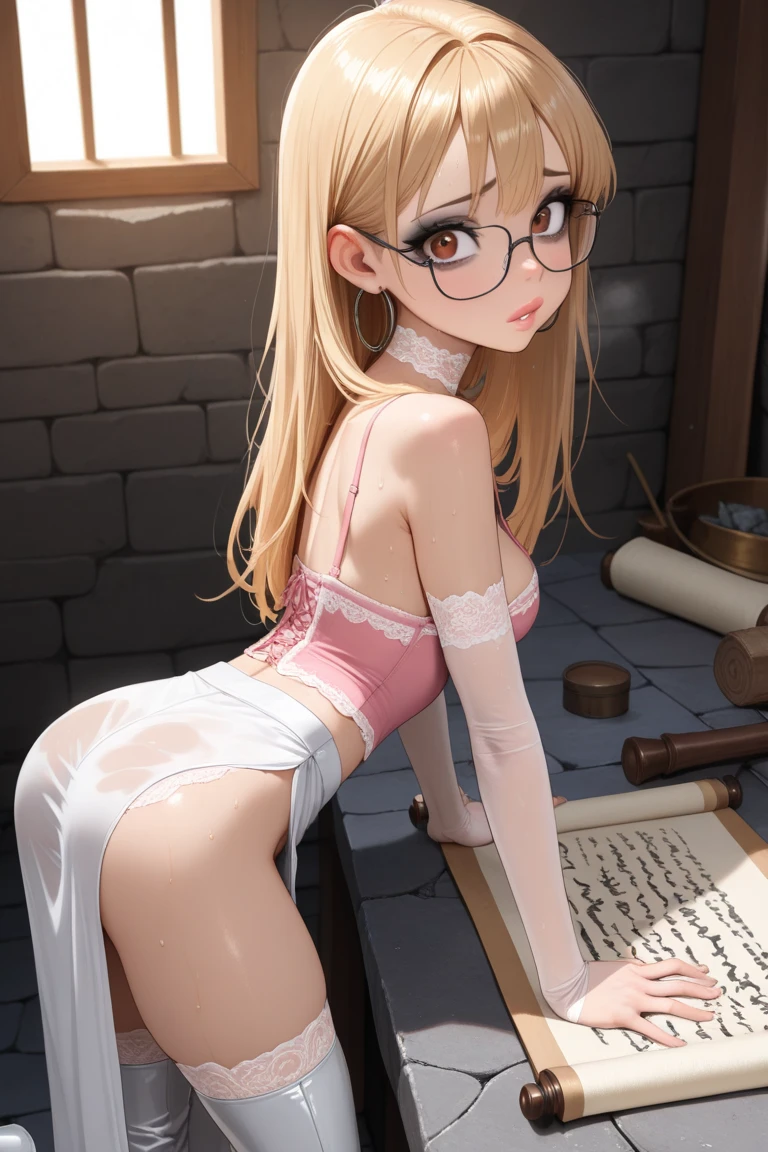 in 8K、top-quality、​masterpiece、ultra-detailliert、Ultra-high resolution、((1 persons))、 Beautiful detailed eyes , poneyTail、a yellow hair、Braided hair、makeups、Home、sitting down on the floor、bare-legged , the legs are open。look at the camera , perfect hands, complete anatomy), nude , naked , M-shaped legs, women opening legs , spread legs , hands up , tied to a chair in a basement, restraint, bdsm, restrained legs, restrained arms, bound, bound to chair, rope, tied with ropes, beautiful body, beautiful face, tied to chair with ropes, restrained body, unable to move, bondage ropes,  tied up, machine bondage, fully restrained body, ropes everywhere, strictly tied, hardcore bondage ropes, machine bondage,glasses
