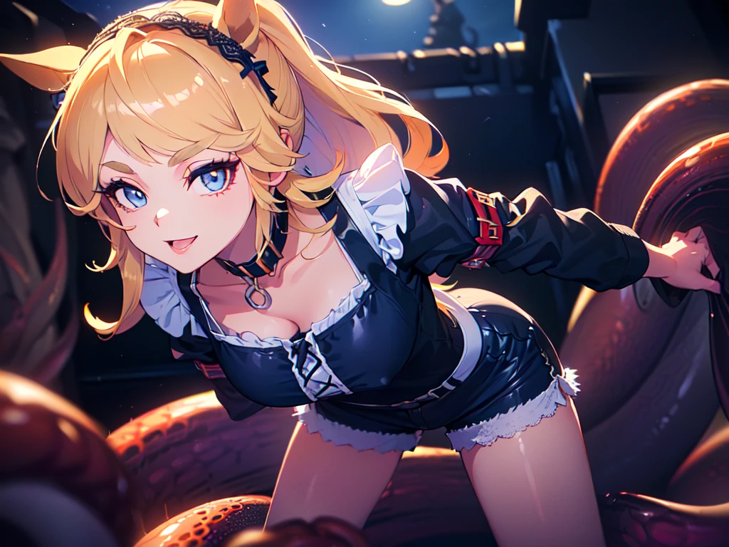 masterpiece, best quality, high definition images, atmospheric perspective, expressive eyes, perfect face, ultra detailed, solo, 1mature seductive woman restrained by tentacles, female knight, looking panic, blond long hair, hair ribbon, armour, tentacles crawling cleavage, 
 torn clothes, miniskirt, flip-up skirt, tentacles touch panties, tentacles wrap thighs, over knee socks, high boots, serious expression, open mouth, lots of tentacles swarming,