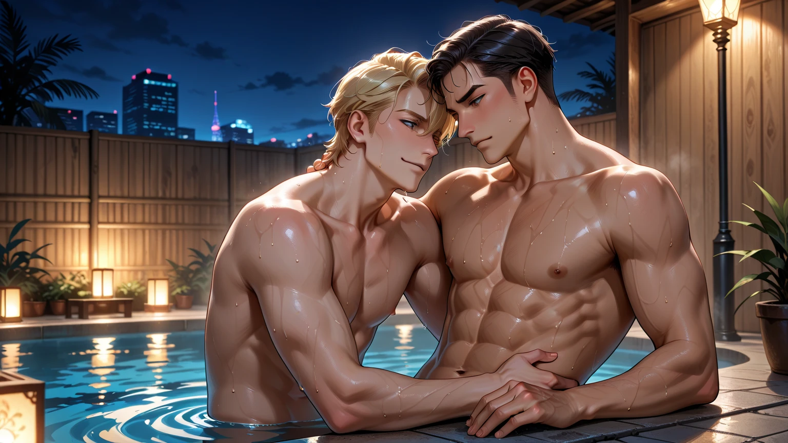 João Marinho, um ator brasileiro, he's a 20 year old bad boy, quente e forte, com cabelos castanhos claros ondulados e olhos castanhos. peito raspado, hairless. Johnny Cordeiro is a hot 20 year old man, with light blond hair and strong build. peito raspado, hairless. Eles usam shorts pretos, exibindo seus abdominais. The Dois amigos have the same physique. Johnny and John, Dois amigos, sentados juntos no telhado de uma casa, talking, olhando um para o outro, at night. Foco em seus rostos. Realistic image.