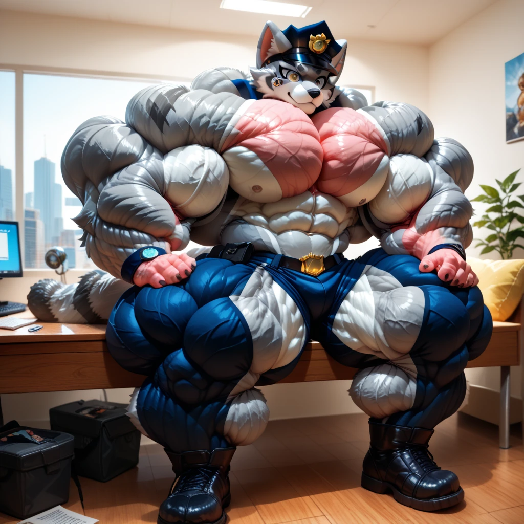 hyper growth, hyper muscles, furry growth, cute cat, A furry cat, blue cute cat, shirtless, wearing shorts, exaggeratedly huge and muscular, Sitting on the floor of a living room