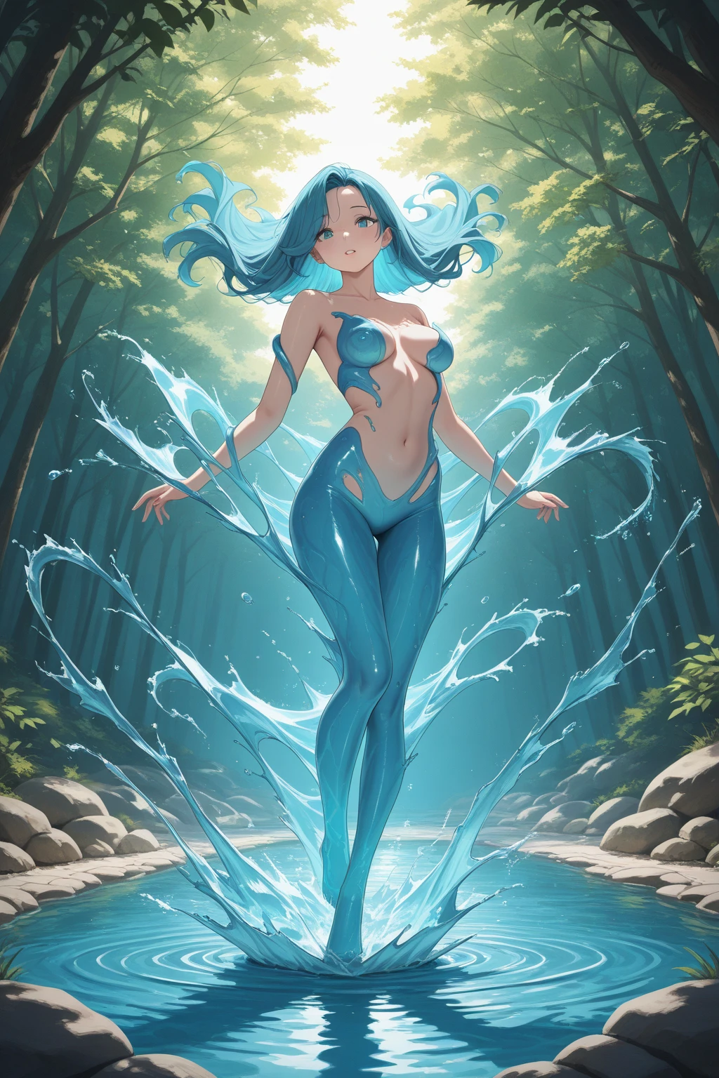 a half-body portrait of a mermaid woman made of water, half body submerged in water, in a lake, turquoise hair depicting as waterfall, wet, drops of water on face and body, tribal tattoos, natural body posture, rain, Art of Alberto Seveso, of Carne Griffiths, of Wadim Kashin, of jean baptiste monk, symmetrical, abstract art style,  complex and intricate watercolor painting, sharp eyes, digital painting, explosion of colors, concept art, volumetric lighting, TanvirTamim, metallic reflections, 2d rendering, 8k. by artgerm, trend in artstation