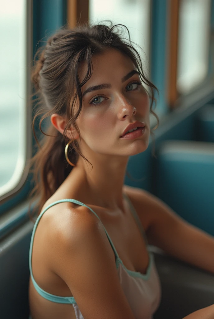 An ultra hot gorgeous European woman.age 23. Looks through a dirty old window. a Busty Vintage by Ed Mell and Russ Mills,  (luminar , vivacious , masterful:1.4), poster art, bold lines, hyper detailed, expressive,  award winning,  (scenery:1.4), (intricate details, masterpiece, best quality:1.4),
ring light , looking at viewer, dynamic pose, wide angle view,
atmospheric haze, Film grain, cinematic film still, highly detailed, high budget, cinemascope, moody, epic, OverallDetail, gorgeous, 2000s vintage RAW photo, photorealistic, candid camera, color graded cinematic, eye catchlights, atmospheric lighting, skin pores, imperfections, natural, shallow dof,