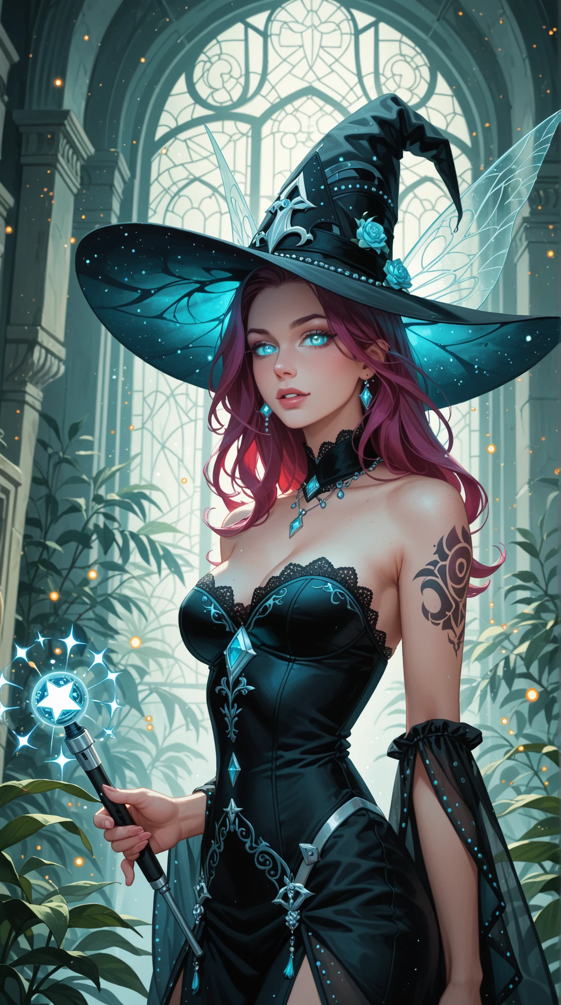 1girl, (witchcore, witchcraft, pagan, mystical, nature, occult), close up, beautiful, sophisticated 25-year-old sorceress, hourglass figure, fair skin, neon dress (bare shoulders), symmetrical, highly detailed face, long flowing purple hair, mesmerizing blue eyes, lush red lips, enticing, alluring, facing viewer, looking at viewer, dark cosmic background, neon blue smoke swirls around her, real, high detail, best quality