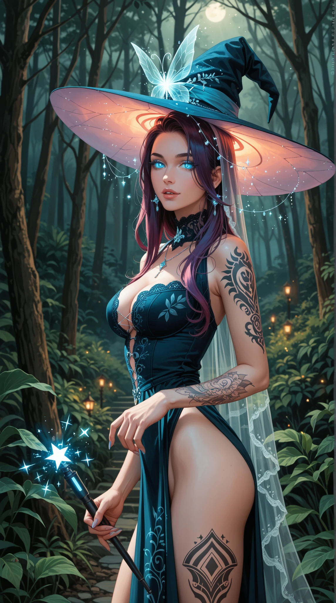 sexy full shot body photo of the most beautiful artwork in the world, illustration, cinematic light, fantasy, highres, highest quallity, ultra detailed, best quality, masterpiece, (detailed face), sexy mature woman wears a shirt and (torn) fullbody (transparent galaxy) cloths coat, floating cloth, choker, glowing (elder underworld fantasy) forest plants with neon details, open shoulders, tiny glowing butterfly, hair jewery, wearing a torn witch hat, (focus on body:1.25), night, small mutated animals in background, torn mini skirt ,a potion on hip, shoulder pads emitting magic energy, cameltoe, dark, light reflection, intricated detail clothes,
