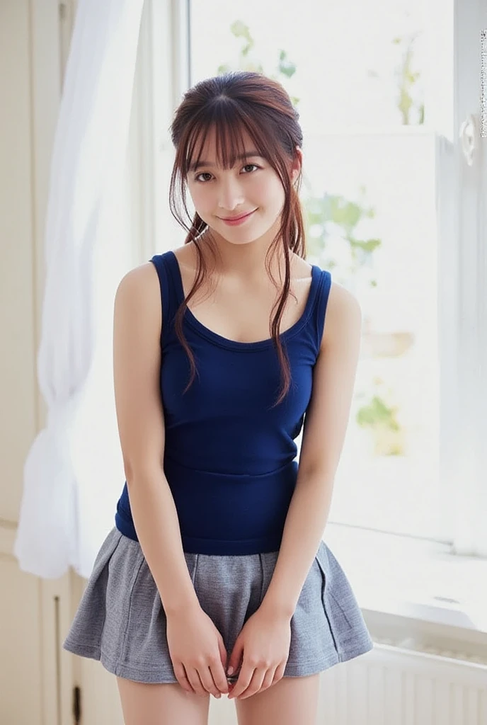 Lens 135mm f1.8, (highest quality),(RAW photo), (arms down at sides:1.3), (Beautiful 15 year old Japanese girl), cute face, (deeply carved face:0.7), (freckles:0.6), dappled sunlight, , (japanese school uniform:0.1), sport bra, dark_navyblue pleated skirt, (inside the school), shy, short ponytail, the waist up shots , (smile),, (sparkling eyes)、,photo from the waist up, ,,,(standing),, arms at side,