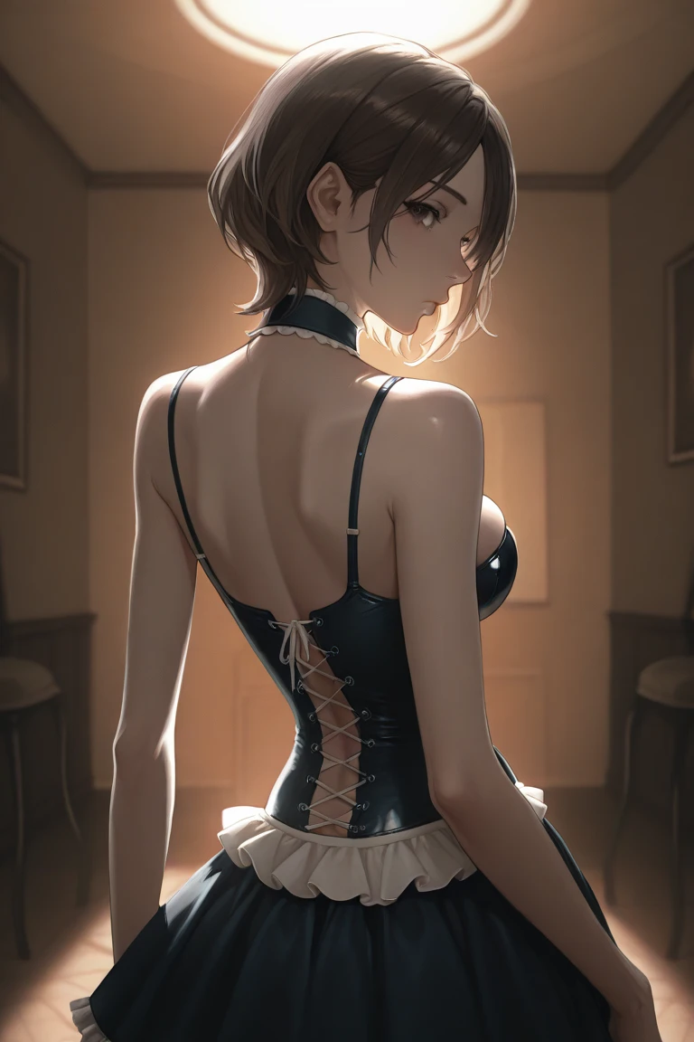 1girl, natural lighting, masterpiece, highly detailed, illustration, game CG, absurdres, high quality, aichan, large breasts, beautiful detailed eyes, medium hair, twintails, bangs, glossy lips, smirk, garden, standing, strapless corset, miniskirt, cleavage, jewelry, choker, bracelets, armband, looking back at viewer