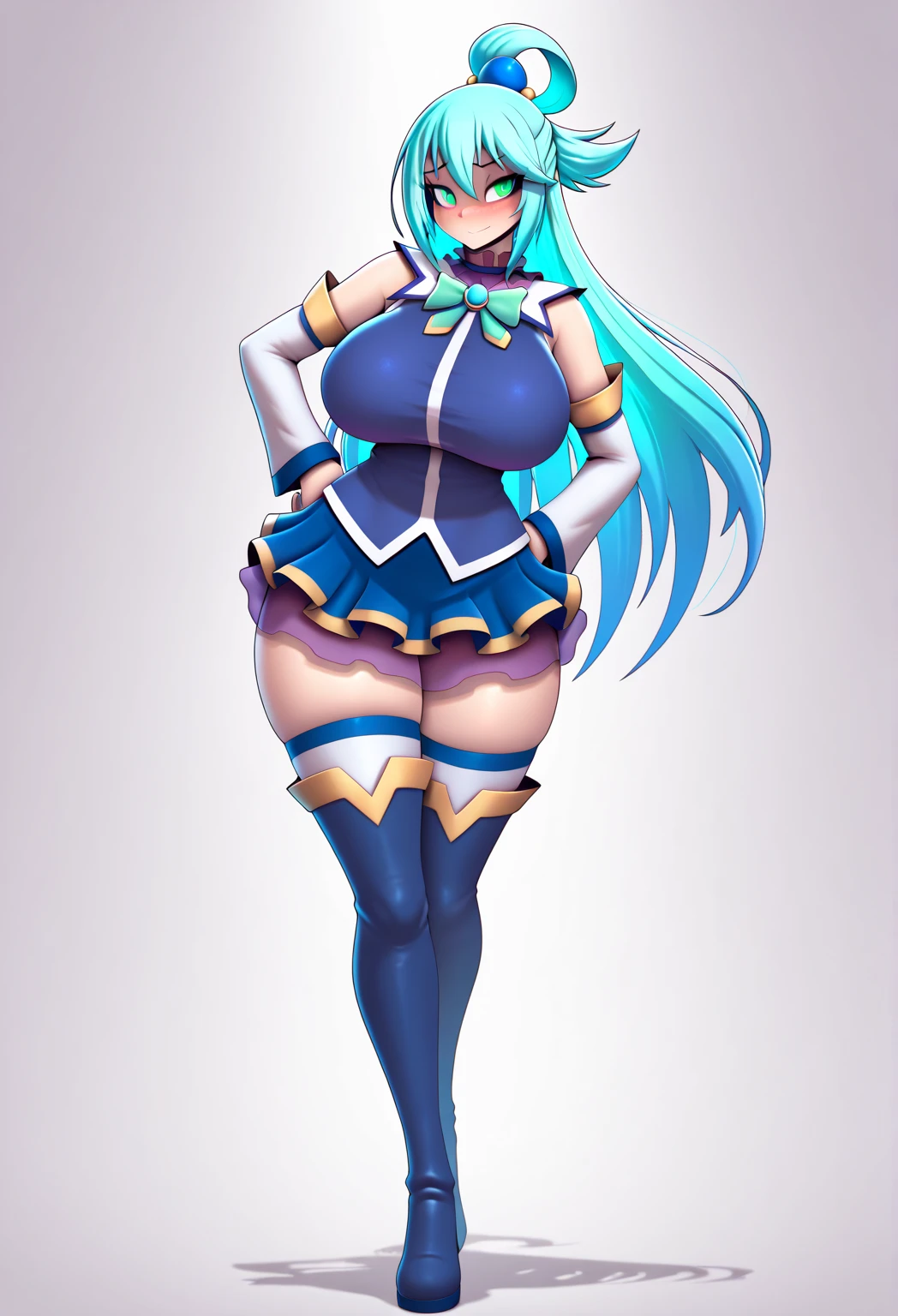 aqua \(konosuba\), mksks style, (very detailed background:1.0), (highly detailed background:1.0), {Masterpiece}, High Quality, 1girl, blue eyes, blue footwear, blue hair, blue thighhighs, blush, boots, breasts, bubble, detached sleeves, hair ornament, hair rings, leg up, long hair, looking at viewer, huge ass, huge breasts, huge thighs, narrow waist, wide hips, thick thighs, curvy, open hand, single hair ring, skirt, mini skirt, exposed midriff, underboob, smile, solo, standing, standing on one leg, thigh boots, thighhighs, very long hair, water, white thighhighs, kono subarashii sekai ni shukufuku wo!,