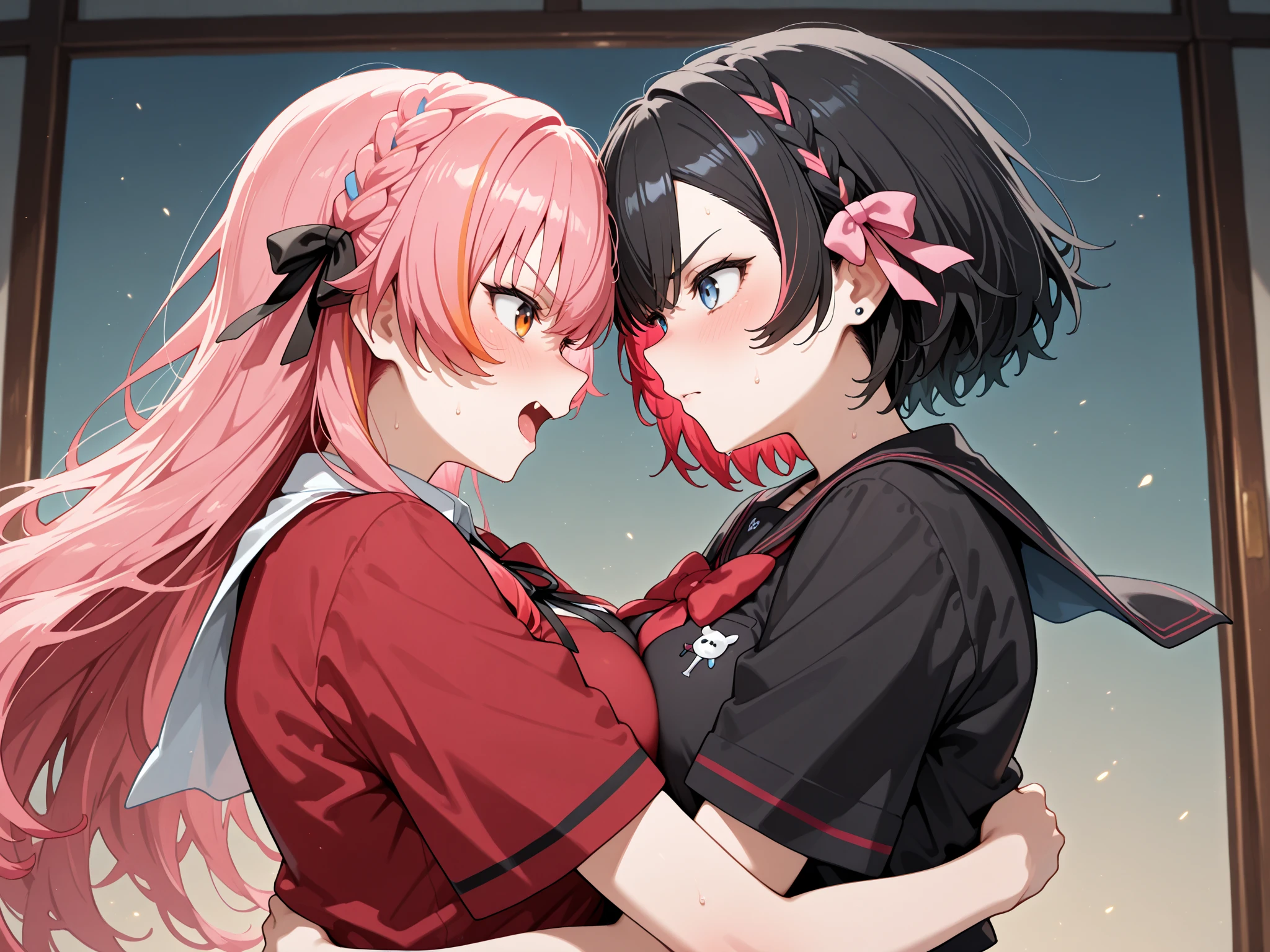Old factory, dark background, (multiple girl), 2girls, pink hair in a bun, pink swept bangs, seifuku with the leading colors of black and red, black short-sleeved blouse with a red sailor collar, black knee-length pleated skirt, light blue tights, blood on face, blood on hands, blood on clothes, blood from mouth, closed eyes, tears, die,  lying in the purple haired girl's lap, ((shoulder-length purple hair)), red ribbon is tied into a bow on the left side of the hair, purple crossed bangs, bright purple eyes, seifuku with the leading colors of black and red, black short-sleeved blouse with a red sailor collar, black knee-length pleated skirt, black socks, expressionless, calm, looking down at the pink-haired girl