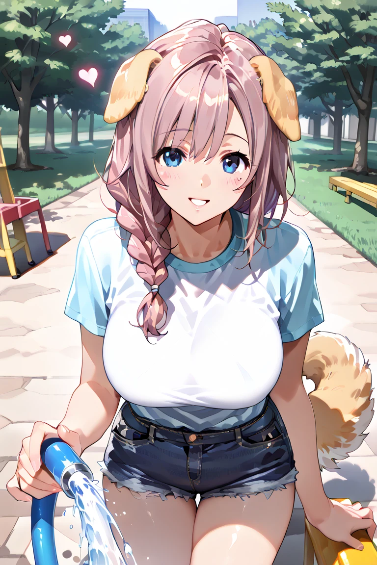 Tip: Very lovely  with a backpack and her cute puppy enjoying a lovely spring outing surrounded by beautiful yellow flowers and nature.. The illustration is a high definition illustration with 4k resolution., with highly detailed facial features and cartoon style visuals.  Busty Kyonyuu