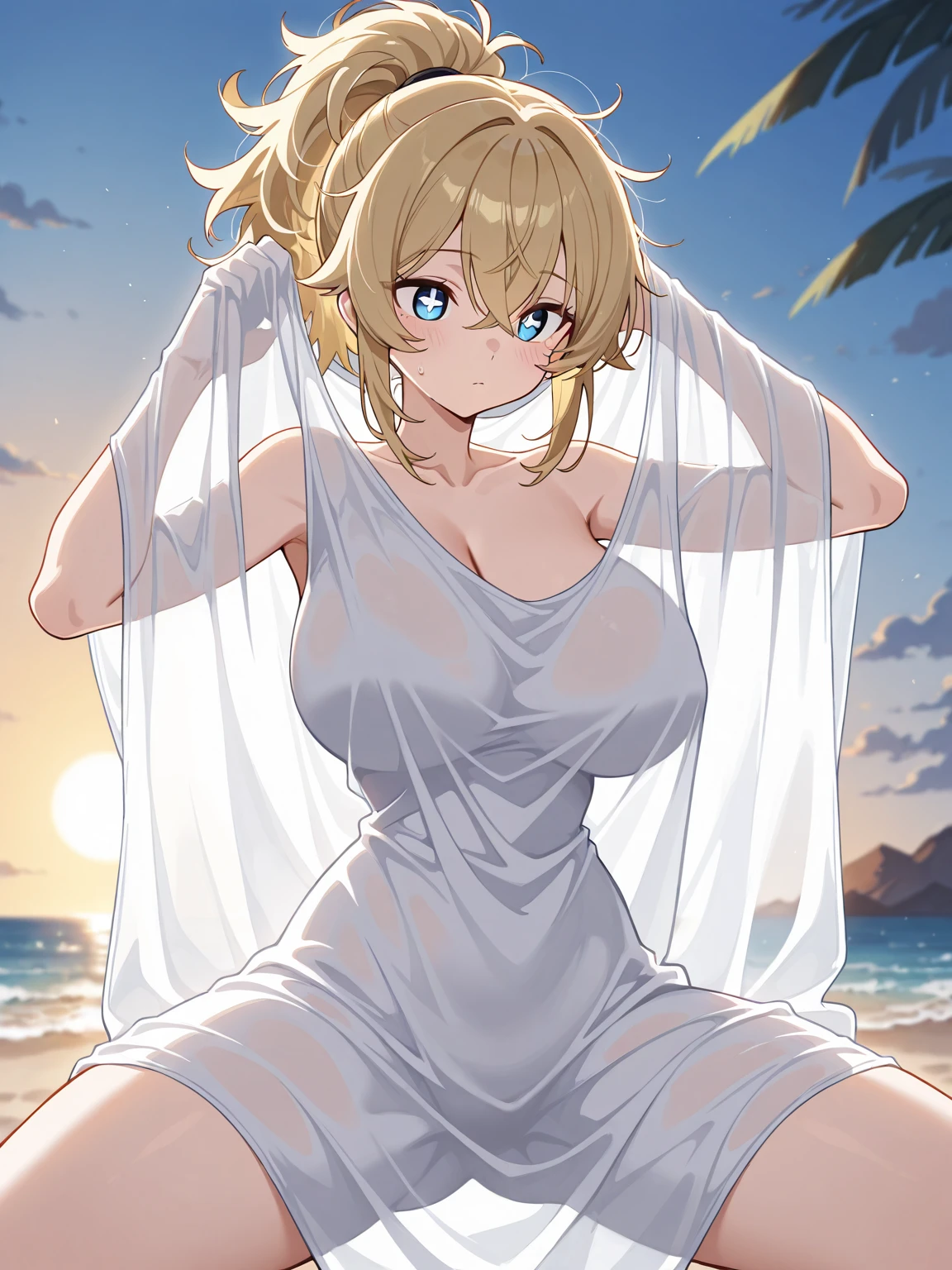 1 girl, Artoria Pendragon lancer (fate grand order), white dress, bride, backless dress, bare back, big breast, bare shoulders, arms up, hips, thighs, sweat drop, very sweaty, looking back, looking at viewers, from behind