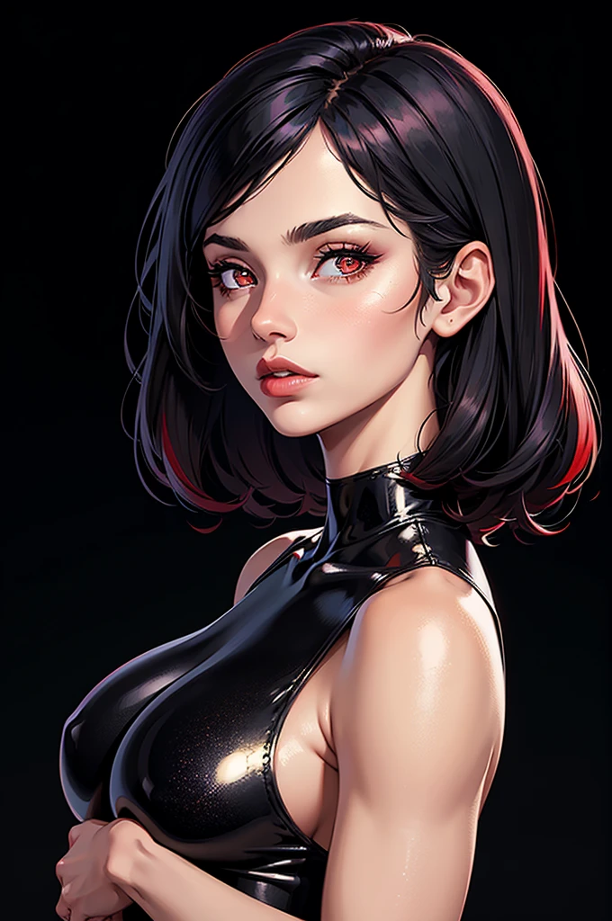 one asian girl, ada wong, solo, abs, slender body, (upper body, bust:1.2), black eyes, black hair, (red clothes, tiny breasts, small breasts, male chest, cleavage, exposed breasts, deep cleavage:1.5), bare shoulders, belts, shoulder-belts, masterpiece, highly detailed, look at viewer, shiny blured orange background, gradient sprayed background, front view, gradient red purple background, blured background, glowing edges of image
