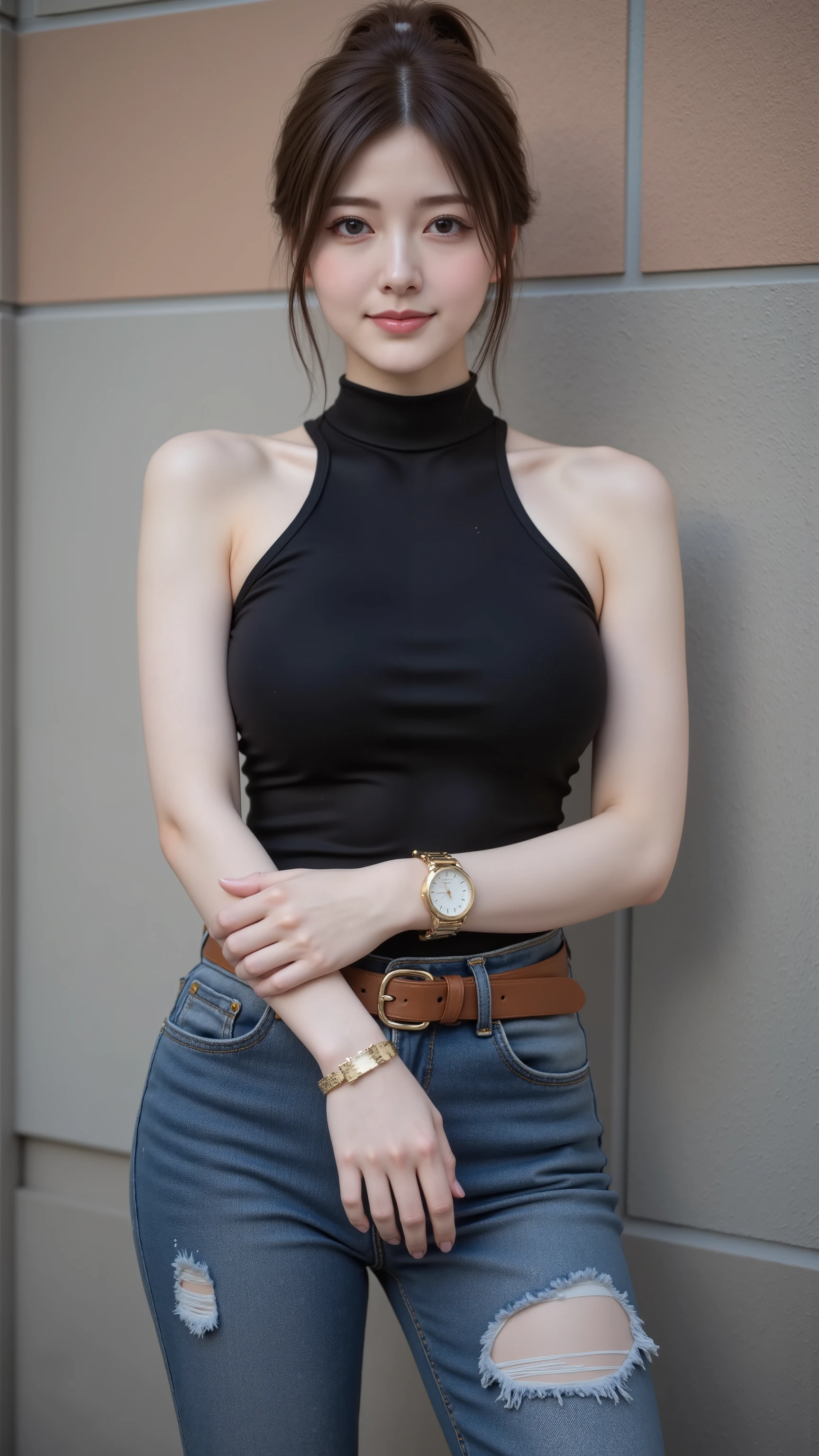 1 young russian girl,(seductive smile ),(Exposed breasts),((sagging breasts)) ,(((skinny))), 19yearolds,((long. dark-black hair mixed with white and blonde hair pink embre,short-line hair cut with a layer style)), RAW photo, (best quality),high resolution, Ultra detailed, masterpiece,(photorealistic: 1.6), (realistic skin texture: 1.5), Show off beautiful hips, gigantic cleavage breasts, bare breast, (plump breasts), beautiful tit,Top: A young woman wears a tight black tank top, cut close to the body, showing off the shoulders and back prominently, giving a sexy and confident look.
Pants: Loose-fit faded jeans (Loose Fit or Boyfriend Jeans) with ripped details at the knees and thighs, adding a cool street style.
Belt: A caramel brown leather belt, helping to clearly divide the waist and hips, and adding a little vintage touch to the overall look.
Accessories: A gold wristwatch (may be gold or rose gold) to enhance the look to look expensive.
A young woman stands in a position slightly facing the camera (about 3/4 profile), turning her face back to look straight ahead, her right hand hugging her left arm in a position similar to hugging herself, giving a feeling of confidence but also softness.
The eyes stare at the camera with charm, combining sweetness and decisiveness, straight hair down to the chest, left natural.
Hair parted slightly in the middle or slightly to the side, looking simple and natural.
Hair looks healthy, with a little volume at the ends.
Studio lights or flashes shine directly from the front, making the face and skin stand out, smooth and clear, without shadows of the model very light. This shows that the light is quite soft (soft light) to highlight the skin.
The reflections on the glasses and accessories add dimension and highlight to make the picture more interesting.
Background: It is a wall mixed with 3 materials: