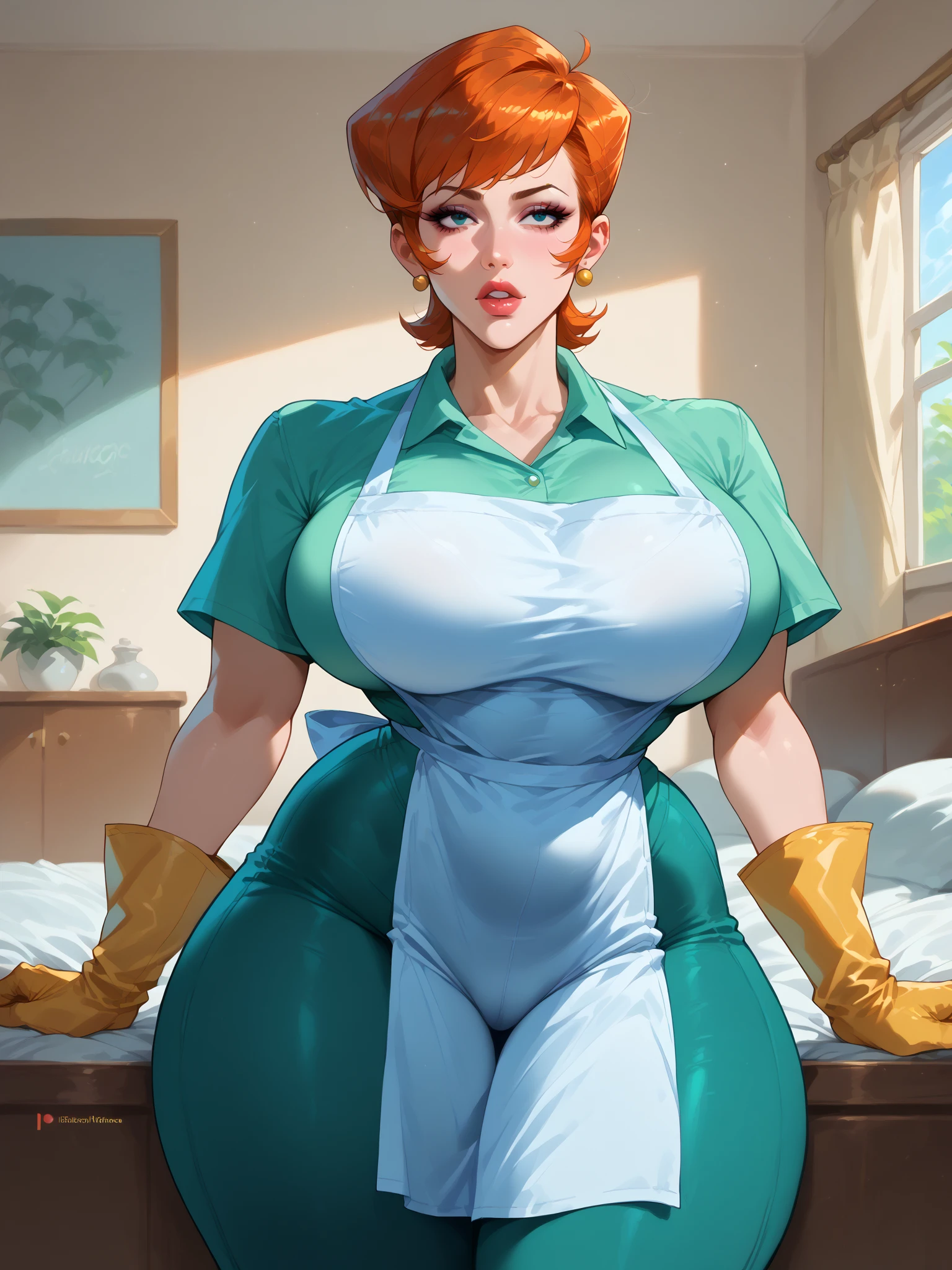 (masterpiece, best quality:1.2), mom (dexter's laboratory), 1girl, solo, apron, jewelry, earrings, gloves, big breasts, wide hips, makeup, lipstick, curvy, shirt, large breasts, collared shirt, thick thighs, short hair, pants, orange hair, short sleeves, mature, lips, elbow gloves, green pants, candles, soft light, bedroom, day, cowboy shot, bed, blur_background