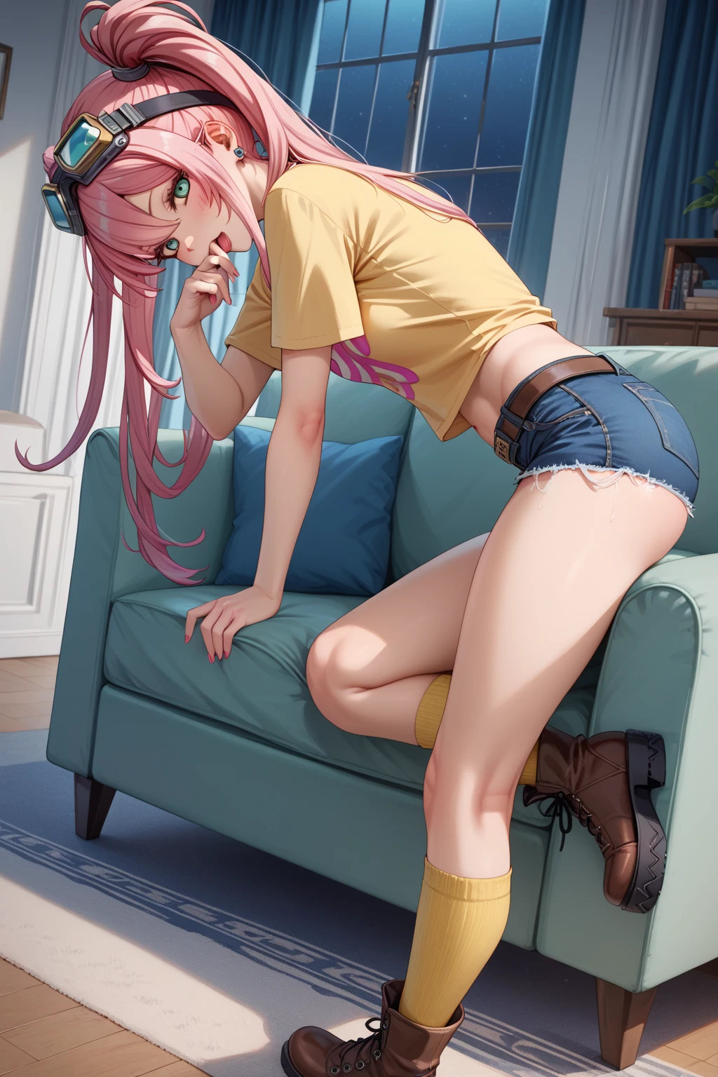 (8K, Highest quality, Highest quality, masterpiece), sit on the floor, (denim hot micro shorts), (shorts aside & vulva peek), ((the shorts dig into her pussy)), ((shorts dig into pussy)), big breasts, ((spread legs 1:2)), (fullbody), ((seductive grin)), nn1, 1girl, hair ribbon, ((long hair)), anime girl