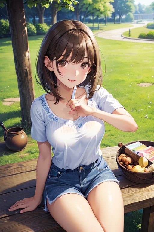 (lie on the ground on your back:1.3), (feel itchy), ((spread legs:1.2)), shortness of breath, ((raise your arms)), As it is, ((raise your chin)), ((From above)), ((blush:1.2)), ((Fully closed eyes:1.3)), 1 girl, ((white shirt)), long and huge breasts, naughty big breasts, ((long and thin legs)), ((thin waist)), thighs, beret, denim shorts, Beautiful woman, cute face, cowboy shot, wet shirt