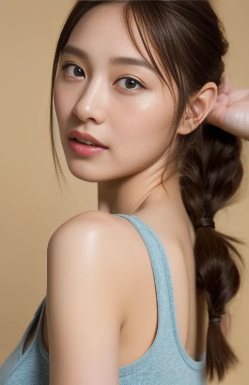 ((Highest quality, 8K, masterpiece :1.3)), One girl, Beautiful woman with slim abdominal muscles :1.3, (Random Hairstyles :1.2), Oversized tank top :1.2, Highly detailed face, Fine grain, double eyelid, Underarm