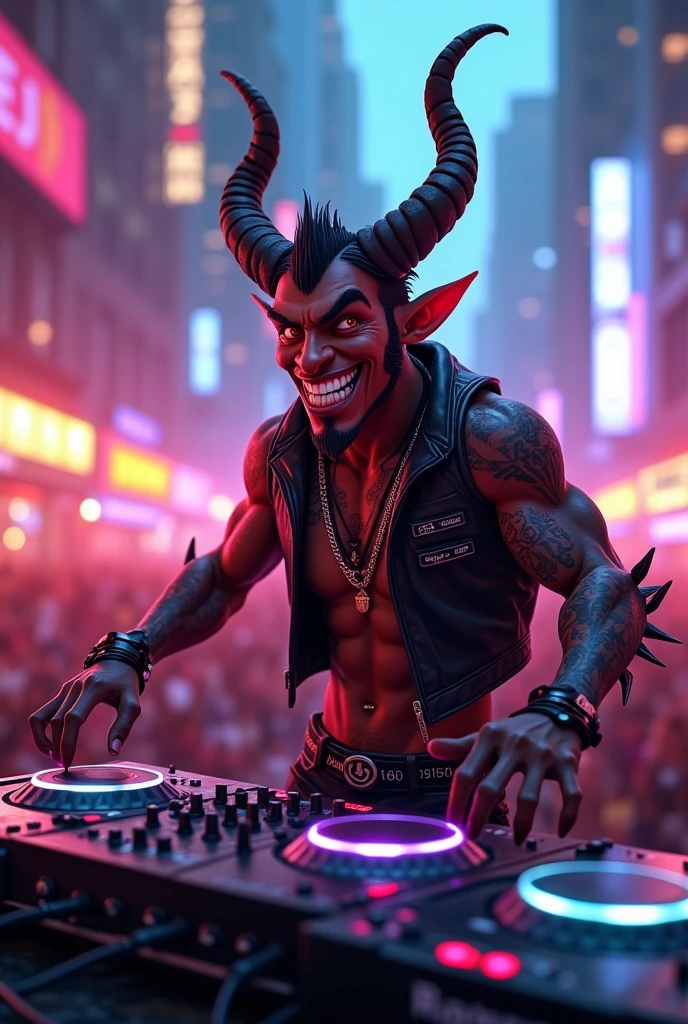 Demon boy inside a music studio with a microphone in hand