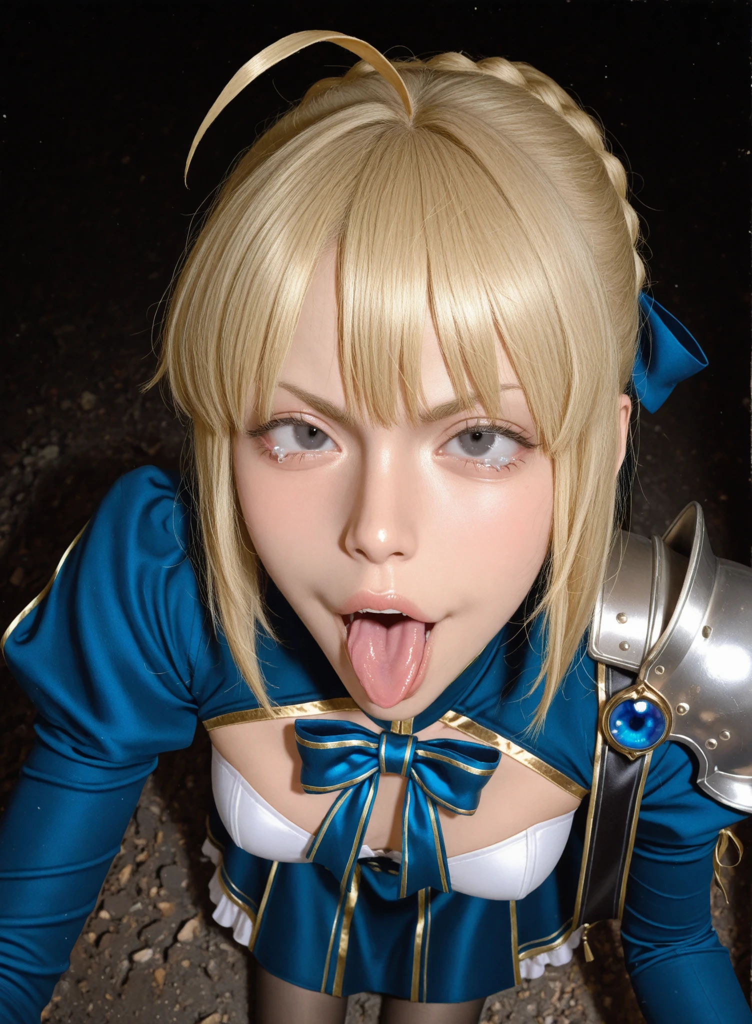 pov  photo of beautiful girl, (priestess:1.1) masterpiece, perfect lighting, hand holding head, above, pov, , wet , , (:0.6), bangs, runny makeup, blue eyes, blonde hair, (no hat:1.5)