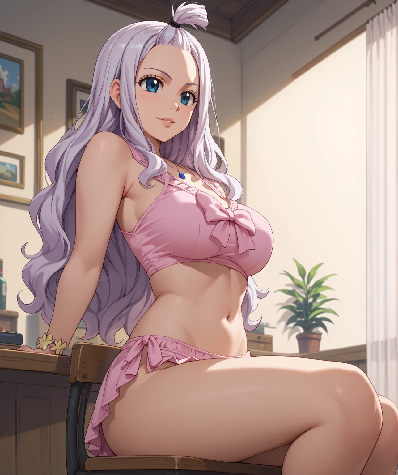 Mirajane, natural lighting, masterpiece, highly detailed, illustration, game CG, absurdres, high quality, aichan, large breasts, beautiful detailed eyes, short, (tape gag), (tape bound), (arms bound), (legs bound:1.2), eyes wide, shocked, surprised, collarbone, sitting, (knees bent), mirajane has a huge ass, Mirajane is bikini, mirajane has huge tits