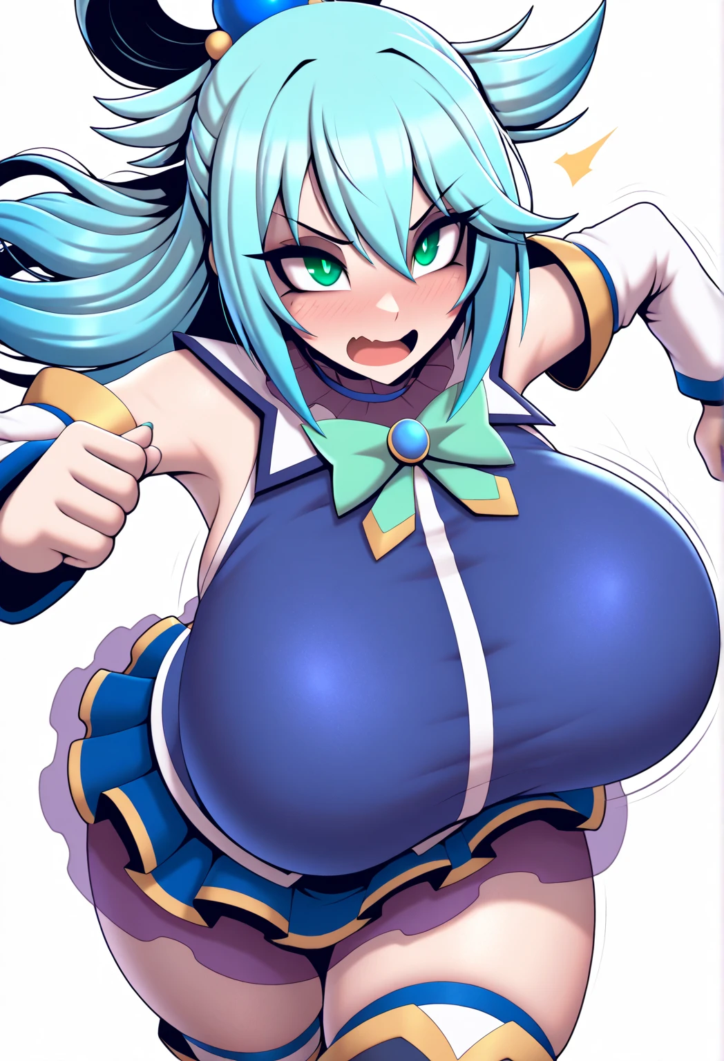 aqua \(konosuba\), mksks style, (very detailed background:1.0), (highly detailed background:1.0), {Masterpiece}, High Quality, 1girl, blue eyes, blue footwear, blue hair, blush, breasts, hair ornament, hair rings, leg up, long hair, looking at viewer, huge ass, huge breasts, huge thighs, narrow waist, wide hips, thick thighs, curvy, open hand, single hair ring, s, smile, solo, standing, standing on one leg, cleavage, hands in the air, jumping, pompoms, cheerleader, cheerleader outfit, mini skirt, exposed midriff, underboob, bouncing breasts, collar,blushing,sweating, (breathing hard), (panting), anime, farm, smile, very long hair, kono subarashii sekai ni shukufuku wo!,