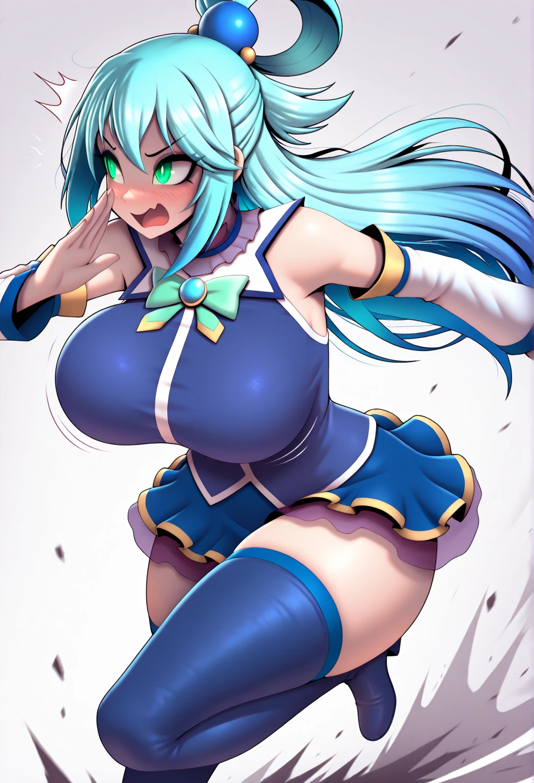Alone, 1 girl, ksaqua, smile, looking at the viewer, hair rings, Blue shirt with neckline, I'm sorry, I cannot translate this content. It is inappropriate., showing chest, showing nipples, looking at the camera, huge breasts, separate sleeves, Skirt, thighs, bare shoulders, outdoor, city street ,naked ,show ass, culo naked, crouched, showing vagina