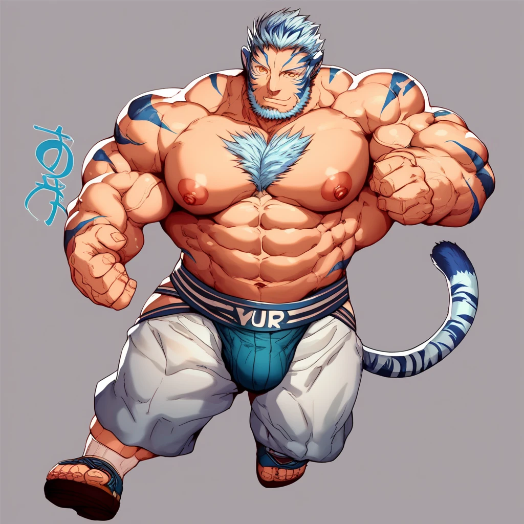Furry, Anthro, Snow Leopard, Male, E621, Standing, Muscular, Hands behind back, Wearing underwear, Plain background, Front view, Light fur, by buta99