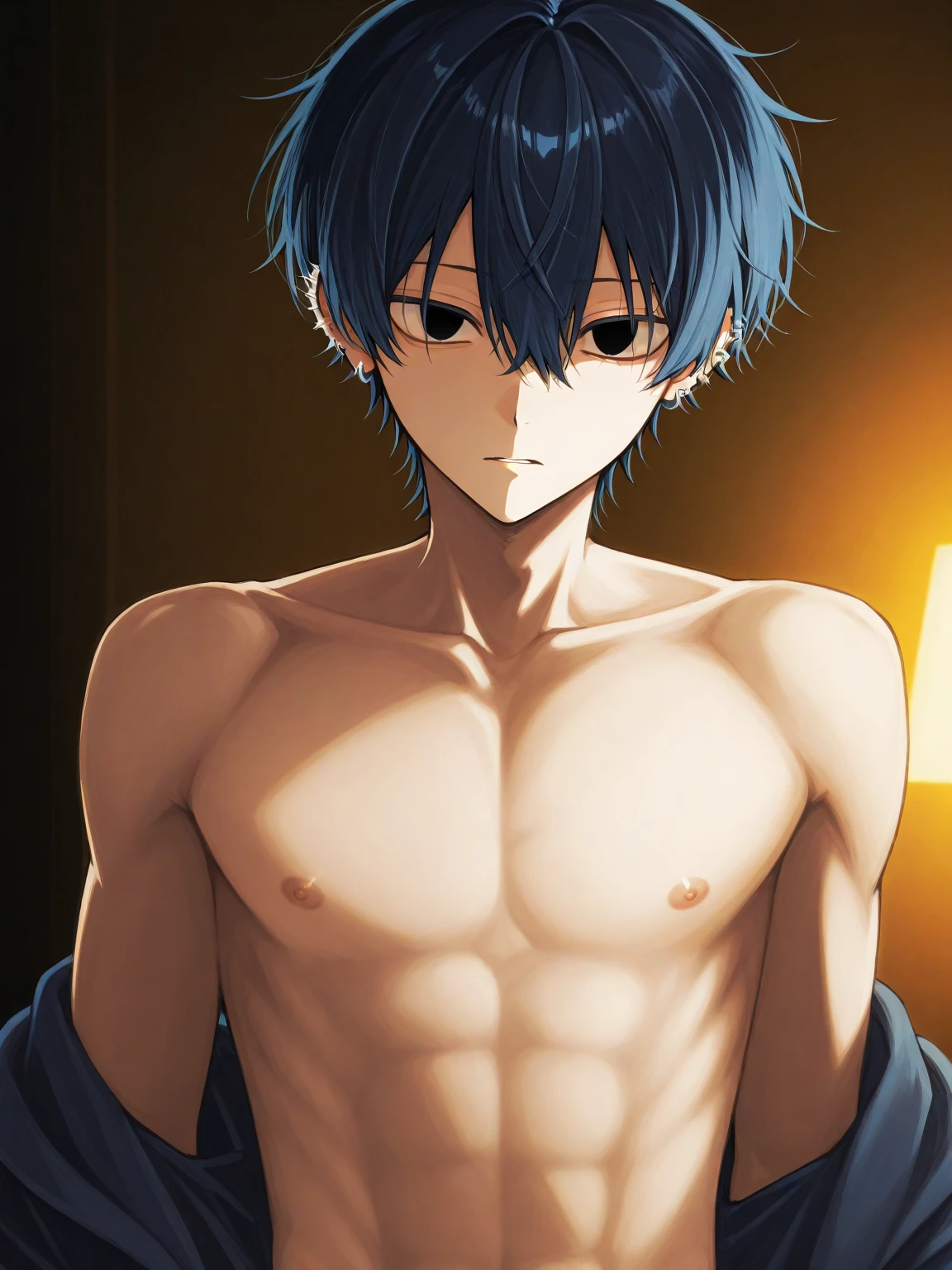 Highres, Masterpiece, Best quality at best,Best Quality,hight quality, hight detailed, Anime style, 1boy, Shota, young boy, Solo person, smile, Blue hair, Straight hair, school, Shirtless, Bare shoulder, Seen from the front, look at viewer, Upper body, choker, Baby face, Such a cute smooth armpit, The armpits of a 12 year old boy, Adorable little armpits, Give me a proportional picture of a 12 year old boy's armpits, (very young boy), (very small and short body), 12-year-old boys, uhd, blurry beckground