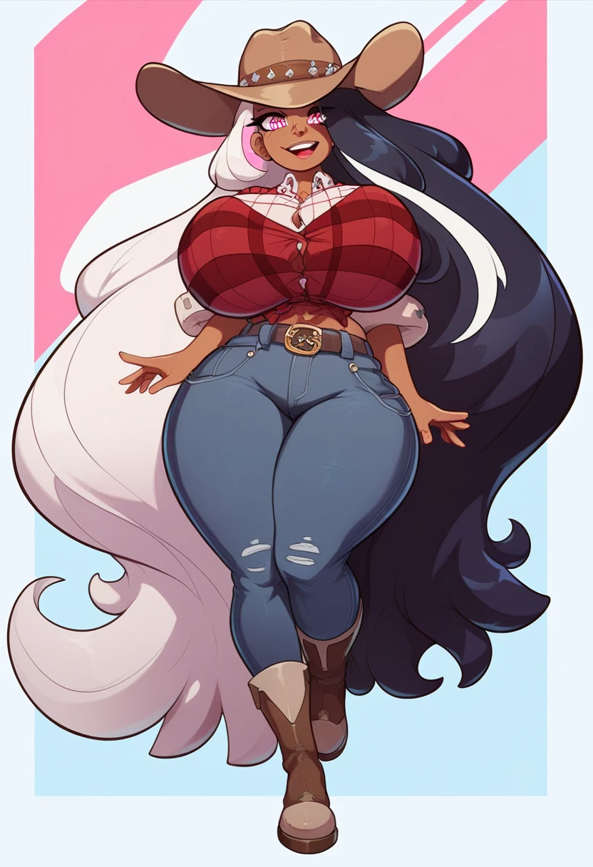 (1girl: 1.5), ((solo)), (dark skinned:1.8), goblin girl, blue_hair, very long hair, wide body, (small stature:1.6), (huge breast:1.6), hair between eyes, wide hips, blue eyes, mole, mole on chest, age up, lips, big lips, big noise, thick eyebrows, (chubby:1.7), smile, freckles, (Cowgirl: 1.6), (random poses: 1.5), Ranch, jeans, (cowboy hat: 1.5), leather boots, farm, (from below: 1.8), masive ass, (huge ass: 1.5)