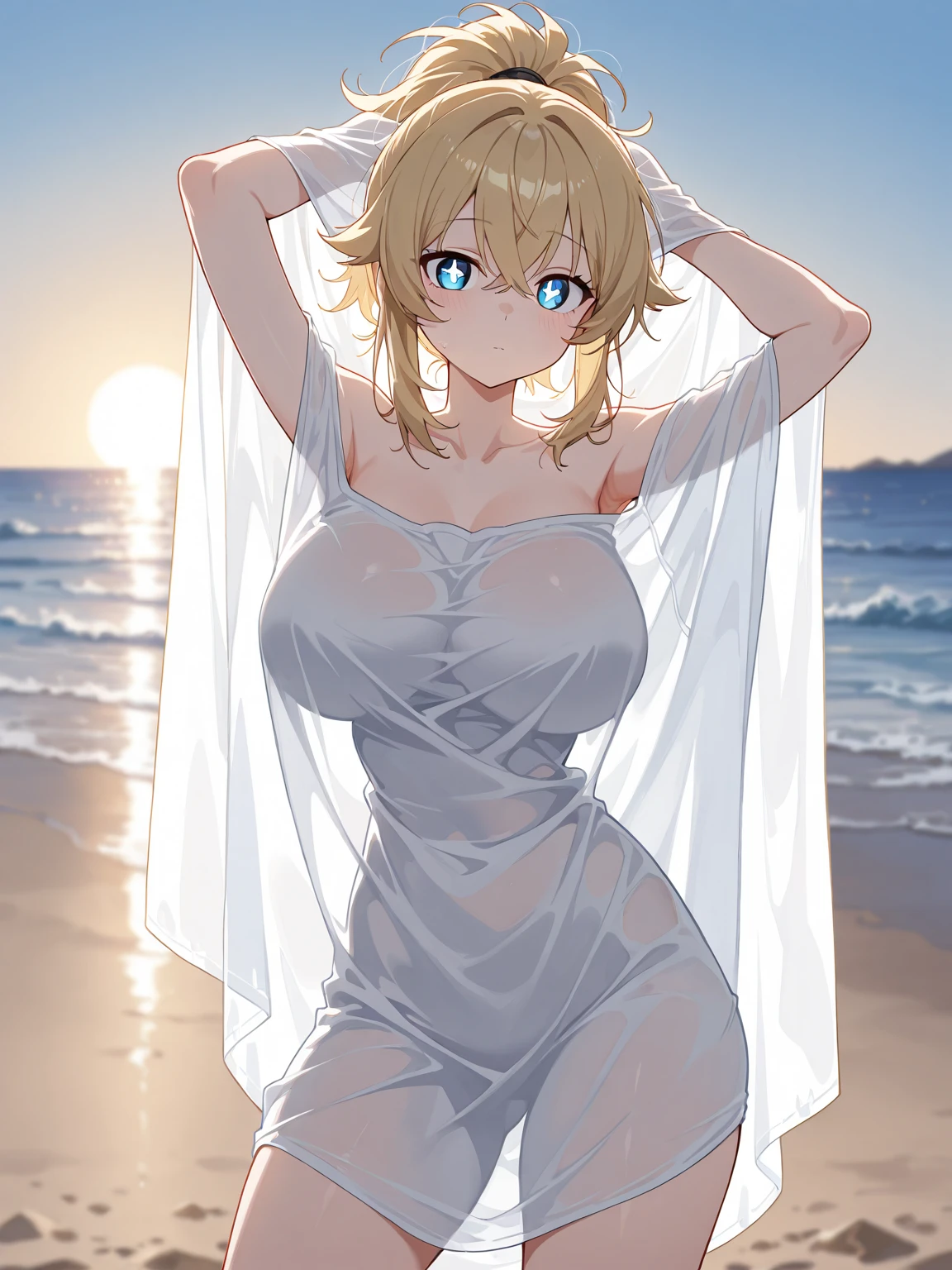 nsfw:1.6, Top quality, masterpiece, ultra high resolution, , (top quality, high resolution, 4K, detailed lighting, shaders, perfect anatomy, perfect proportions), eye of the beholder, (masterpiece, top quality) (top quality, 4K, 8K, high resolution, masterpiece: 1.2), highly detailed, (masterpiece: 1.3, top quality, ultra high resolution, ultra detailed), (top quality: 1.2), perfect eyes, perfect face, perfect lighting, (top quality, 4K, 8K, high resolution, masterpiece: 1.2), highly detailed, (top quality, 4K, 8K, high resolution, masterpiece: 1.5), highly detailed, masterpiece, top quality, ultra detailed, top quality, high resolution, 32K CG, very delicate and beautiful, illustration, high resolution, sharp focus, front lighting, glow, girl 1 person, solo, smiling, very beautiful and detailed anime face, very detailed eyes, ((masterpiece)), ((best quality)), (super detailed), ((cute)), cute, ((very detailed)), 4K, (8K), best quality, (best quality, 8K, 32k, masterpiece, super high resolution, very detailed, impressionistic:1.2), blurred background, four fingers and 1 thumb, Best quality ,
((Silent dark night)). A beautiful night sky. Outdoors. A girl is standing alone on the beach. At the water's edge. A calm, peaceful day. Watching fireworks. ((Relaxed)). (((Blonde))). Thin hair. (((Her hair is neatly tied back in an evening updo like a flight attendant))). (((Her bangs are swept to the side, revealing her forehead))). A flower in her hair. Beautiful blue-green eyes. Pink lips. ((Big boobs)). Full breasts. Well-developed breasts. Well-shaped breasts. A slender waist. Perfect proportions. A slender body. A well-proportioned body. Small pink nipples. Panties with white lace ruffles. (((Topless))). Smiling. (Squinting). Smiling with her mouth open. Moved by the beautiful sky. Blushing face. White choker. Earrings. A flashy necklace. A bracelet. Anklet. A thin chain around her waist. Jewelry on her arms. Barefoot. (Bust up). From the side. Profile.