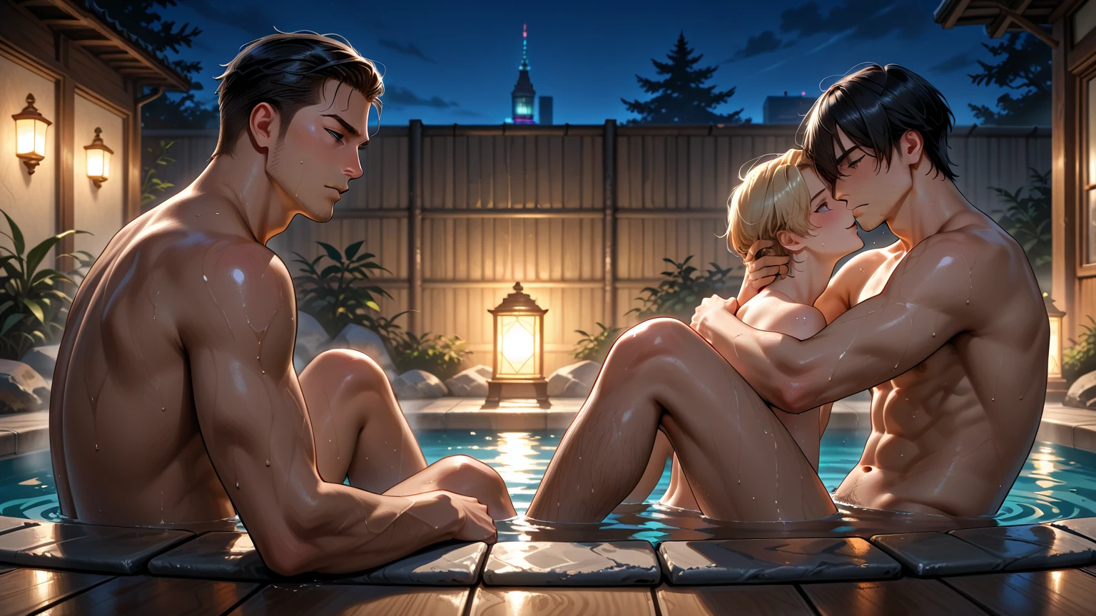 (many perspective scene), 3 girls, couple kiss, A multicolored-haired, sexy body, a closeup, (fully naked, detailed pussy), top-quality, blushed face, Turn around, 8K, nighttime, moonlights, superclear, Full of charm, ​masterpiece, high detailing, (high detailed background: pool, patio, garden)), Detailed drawing,