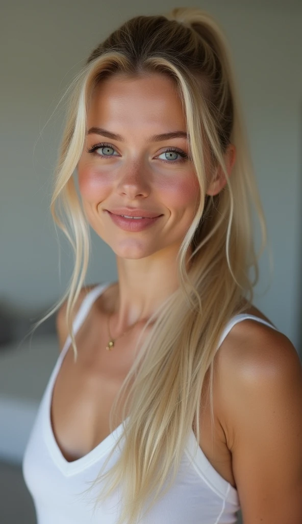 Young blonde woman without clothes, big ass, pink pussy, long blonde hair to the middle of the back, light blue eyes, beautiful smile