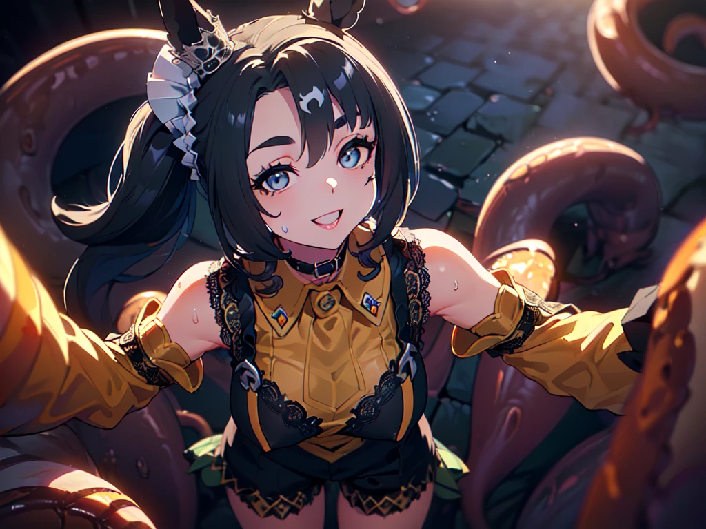Slime:1.5, Attacked by slime, Tohsaka Rin, (The background is a labyrinth), cute, Beauty, (masterpiece), highest quality, 1girl, uhd, retina, masterpiece, ccurate, anatomically correct, textured skin, super detail, high details, high quality, best quality, highres, 4K