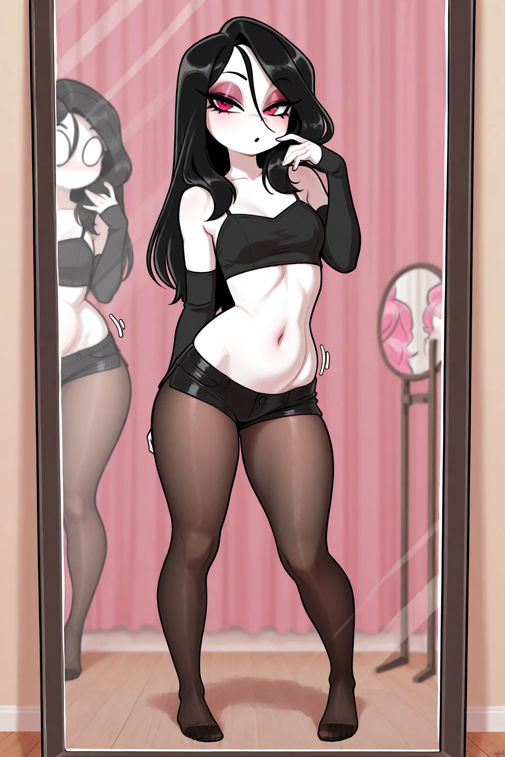 Girl standing posing, anime girl style, pale light yellow skin, of the collections by the wavy black, black hat, short white shirt, Open black jacket, pants rasgados, white tennis shoes, silver chain necklace, golden circle earrings, smiling face closing eyes with blush, Pussy, standing in his bedroom, lingerie,NSFW,pants, Picardias, body, wearing black underwear and black bra, has a penis