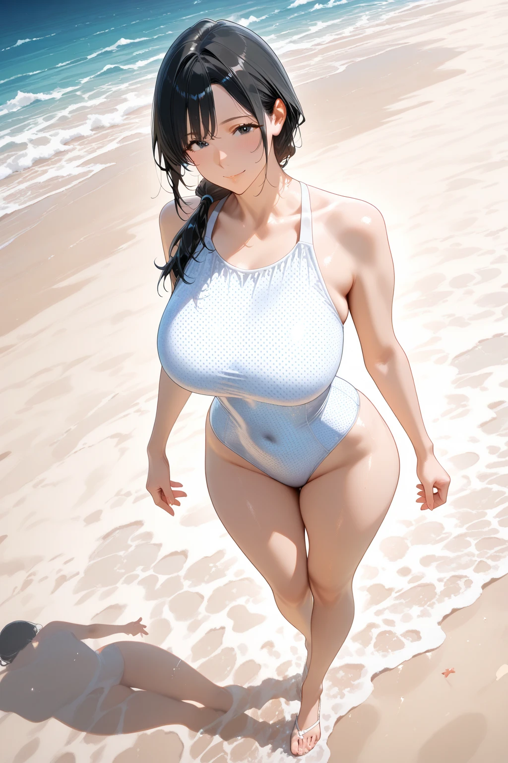 Korean beauty,Huge breasts:1.9,Cleavage can be seen,White hair,Medium long hair,8K,No underwear,Purple breast patches,Casual sexy poses,Breasts showing through underwear,Nipples can be seen,Extremely detailed chest,Full breast contour,Front lighting,Extremely detailed face,Pure skin,Exposing the lower breast:1.5,Standing by the sea,Real portrait